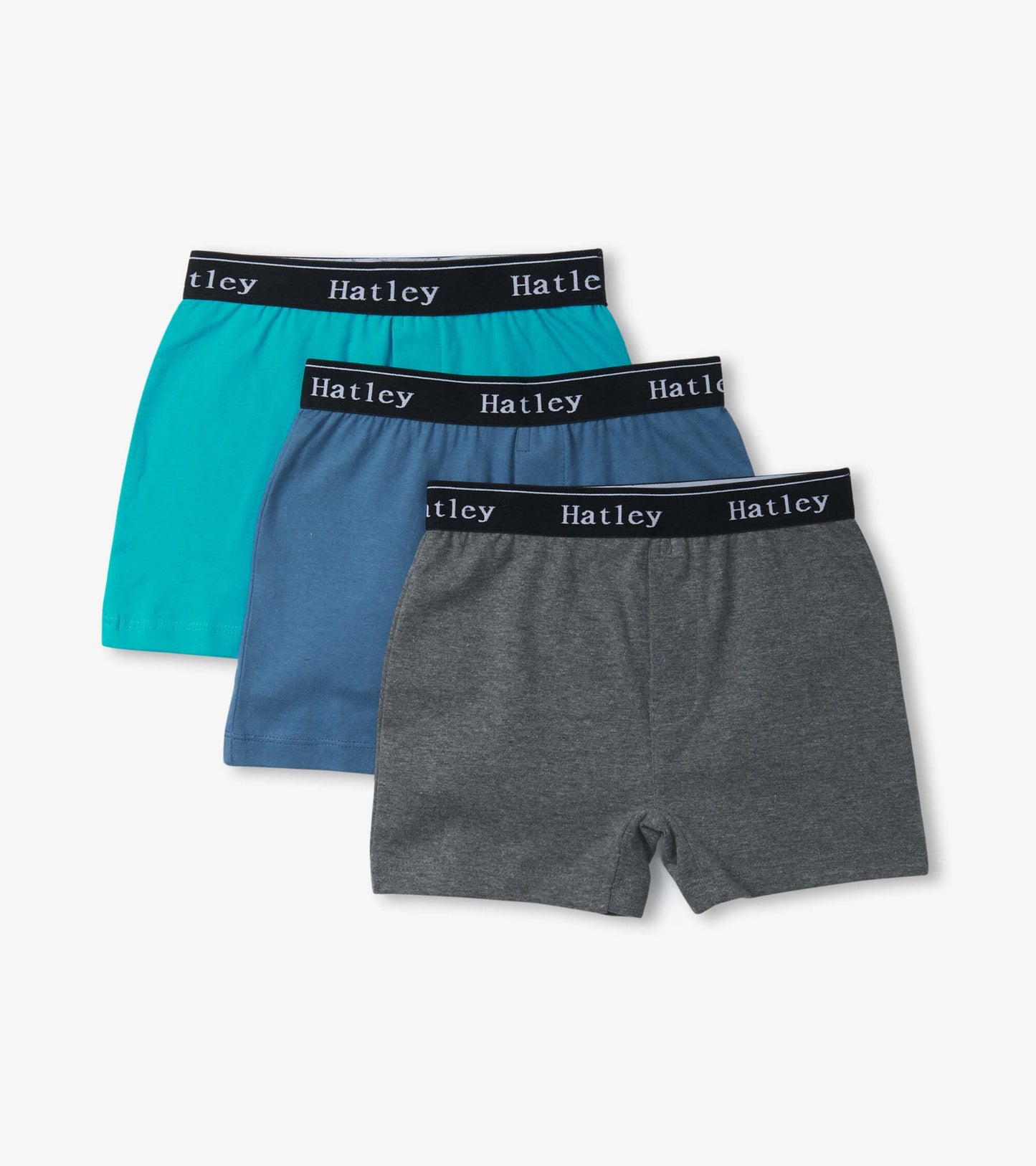 Three pairs of boxer briefs in teal, blue, and gray, featuring a comfortable elastic waistband.