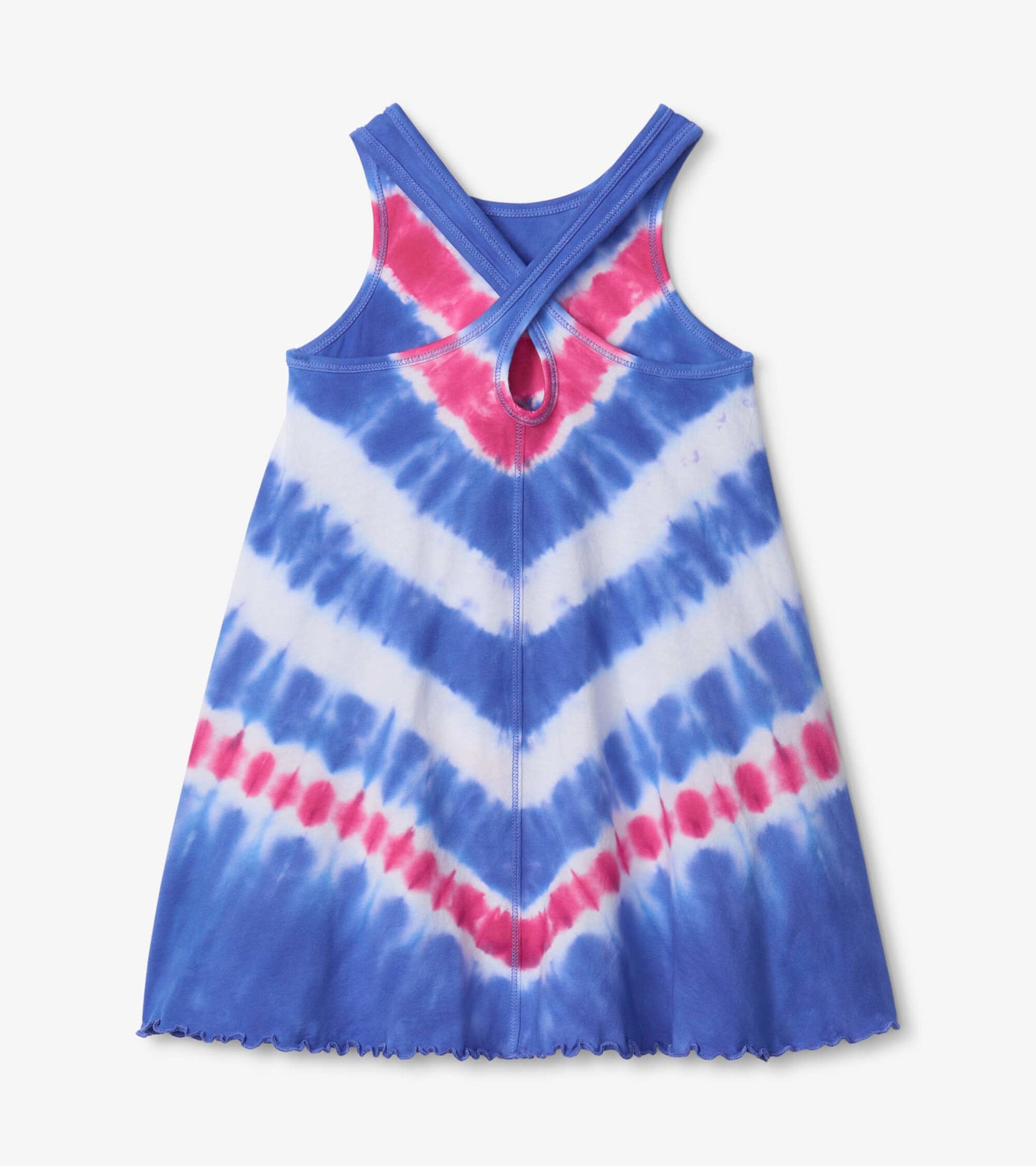 Blue and white tie-dye trapeze dress with pink accents and a crisscross back design.