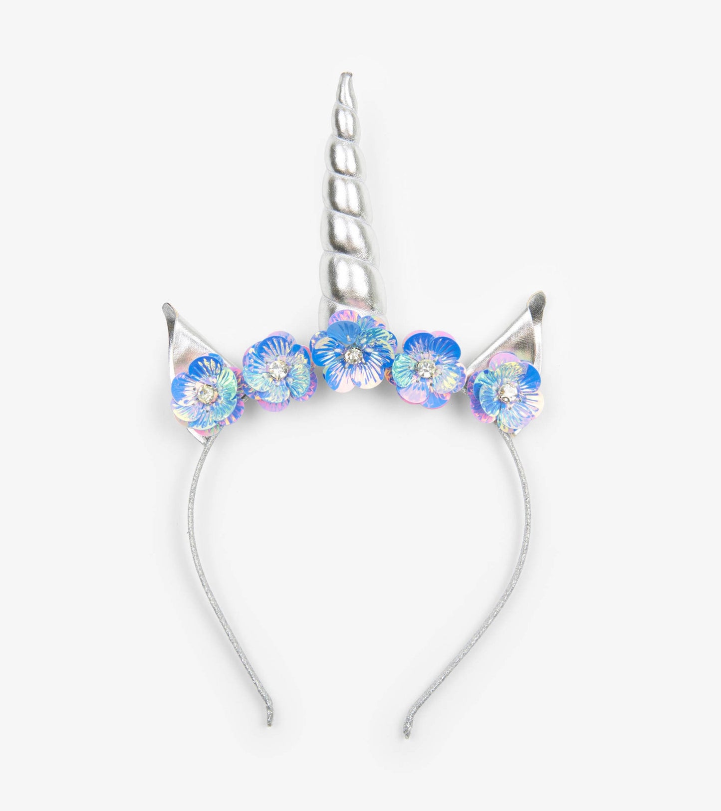 Silver unicorn headband adorned with colorful flowers and a spiral horn, designed for kids.