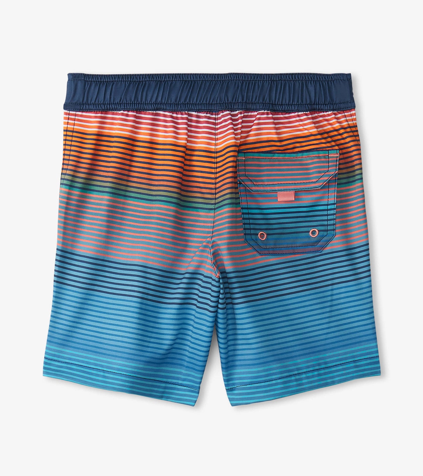 Boys' quick-dry shorts featuring a vibrant striped pattern in orange, blue, and green with a back pocket.