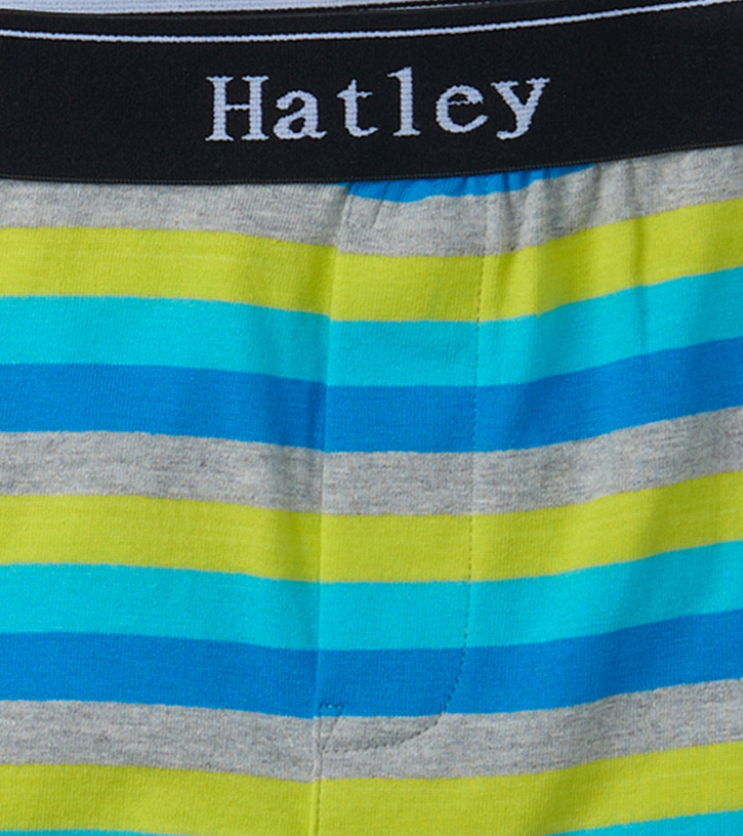 Colorful striped boxer briefs featuring shades of blue, green, and gray with a black waistband.