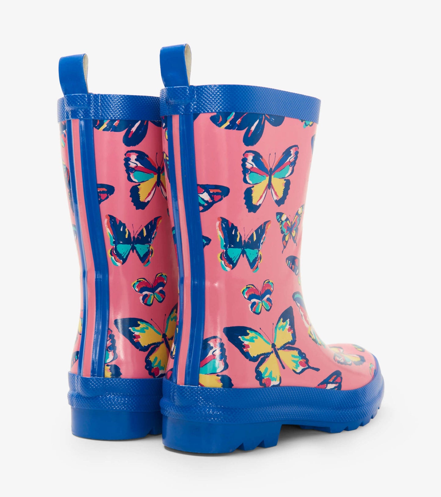 Pink shiny wellies featuring a colorful butterfly pattern and blue accents, designed for kids.