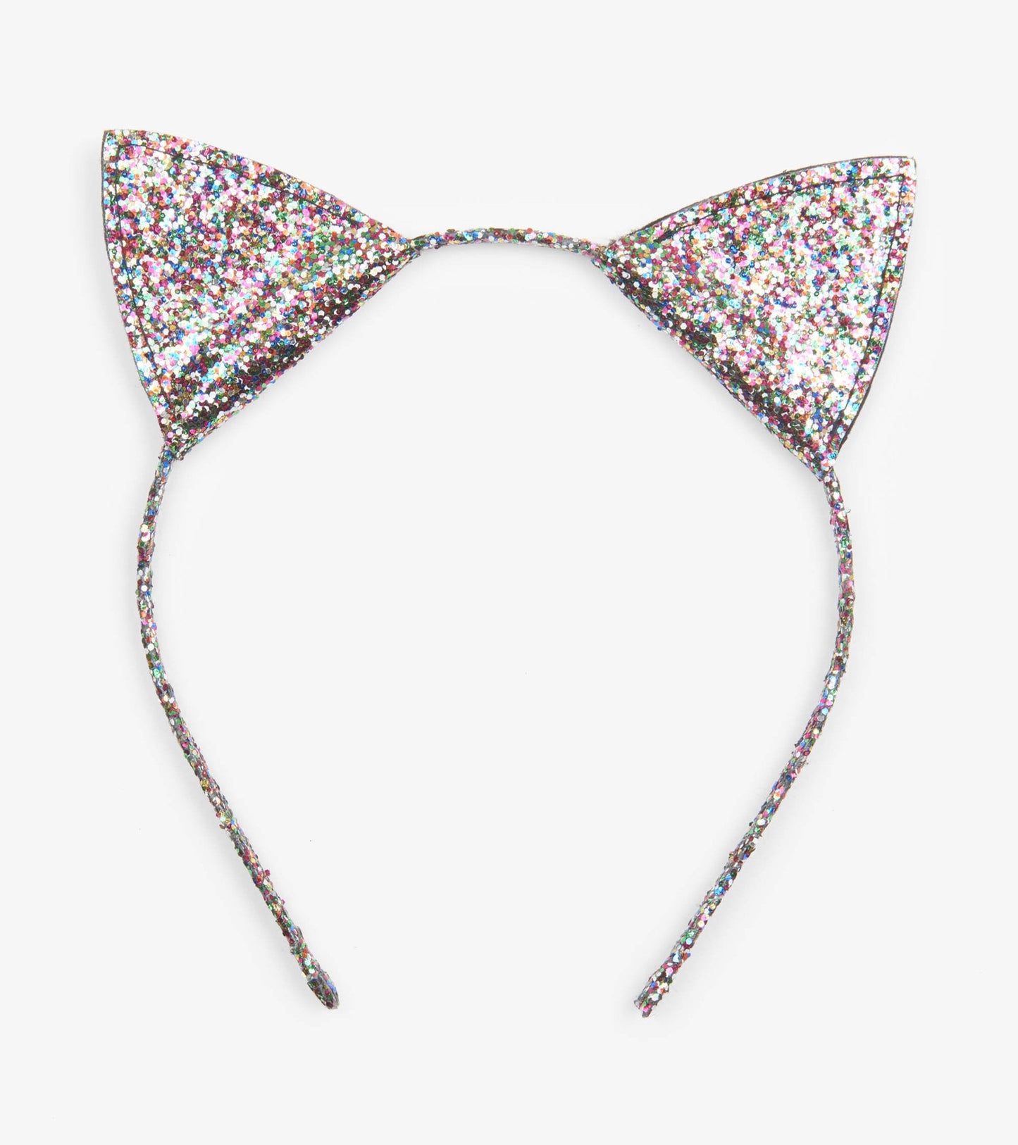 Glittery cat ears headband with a shiny, multicolored design, perfect for costumes or playful outfits.