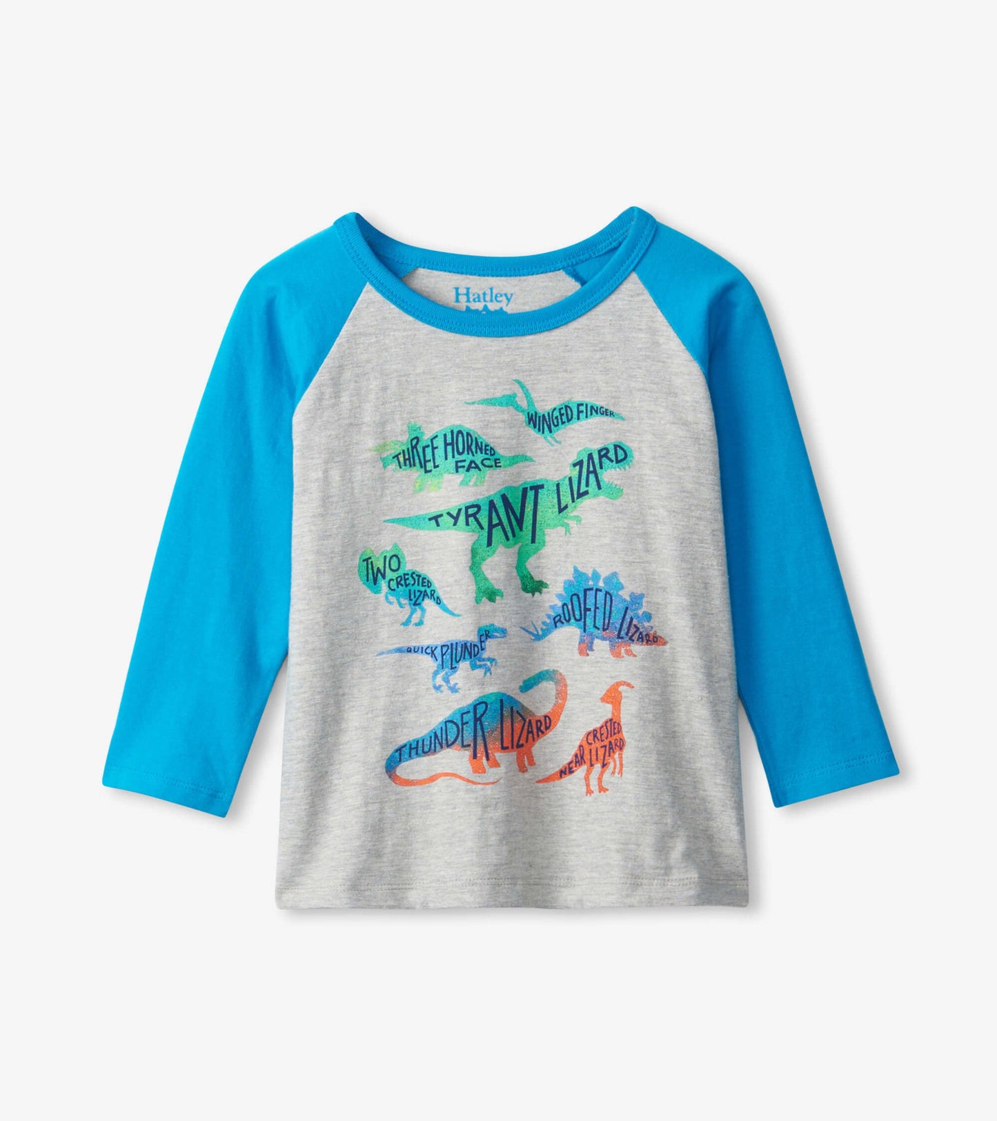 Gray long sleeve t-shirt with blue sleeves featuring colorful dinosaur graphics and text.
