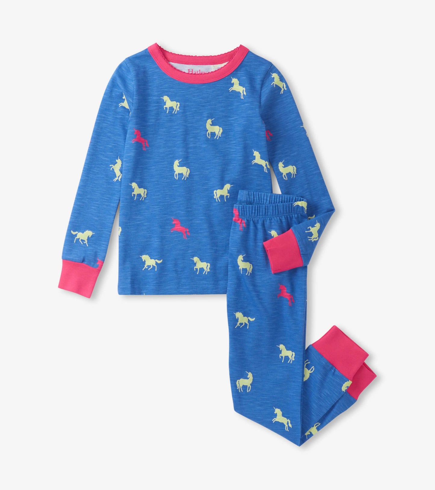 Blue pajama set featuring colorful unicorn patterns, with pink cuffs on the long-sleeve top and pants.