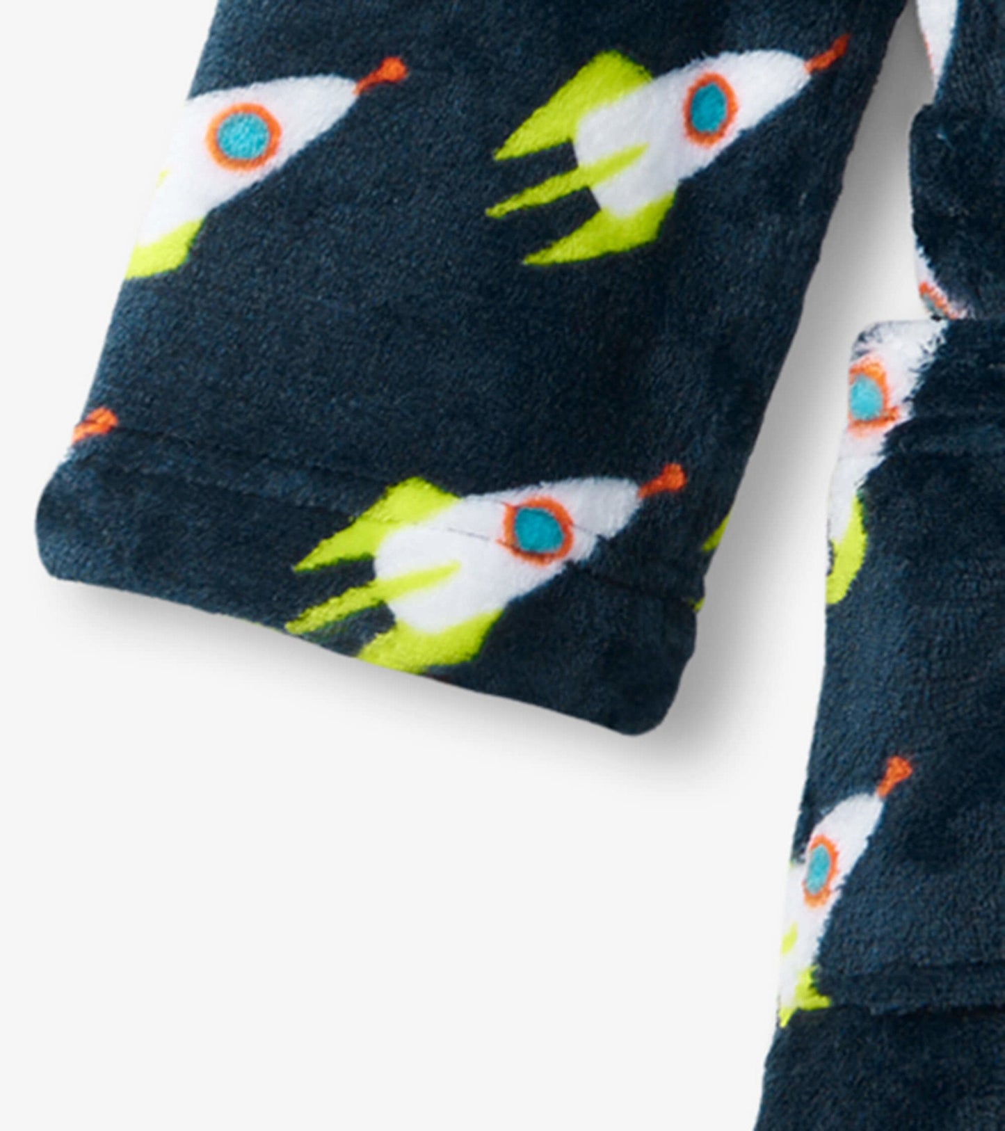 Navy fleece robe featuring colorful rocket patterns, ideal for kids. Soft material with a cozy design.
