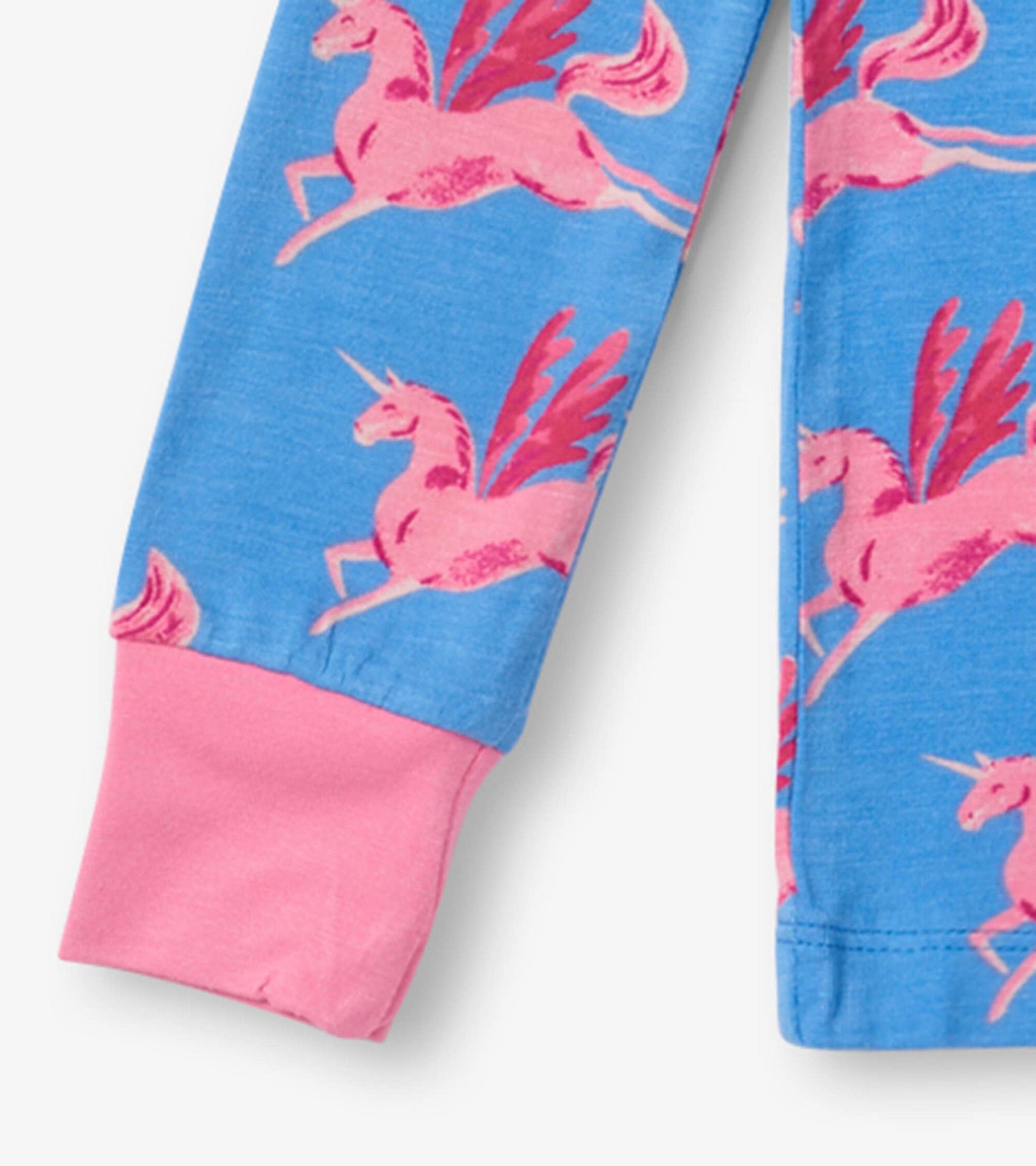 Blue bamboo kids' pyjama set featuring pink unicorns with wings and pink cuffs. Ideal for comfortable sleepwear.