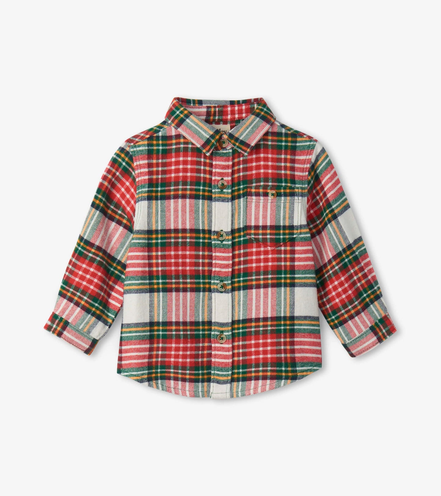 Red, green, and white plaid button-down shirt for babies with long sleeves and a rounded hem.