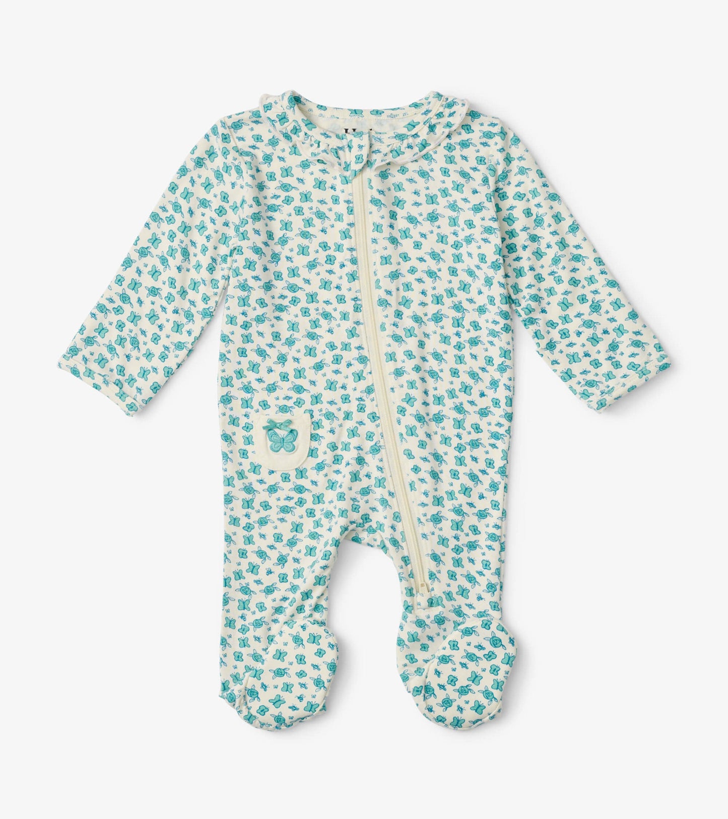 Light blue footed sleeper with ruffle neck, featuring a butterfly pattern and a front zipper for easy dressing.