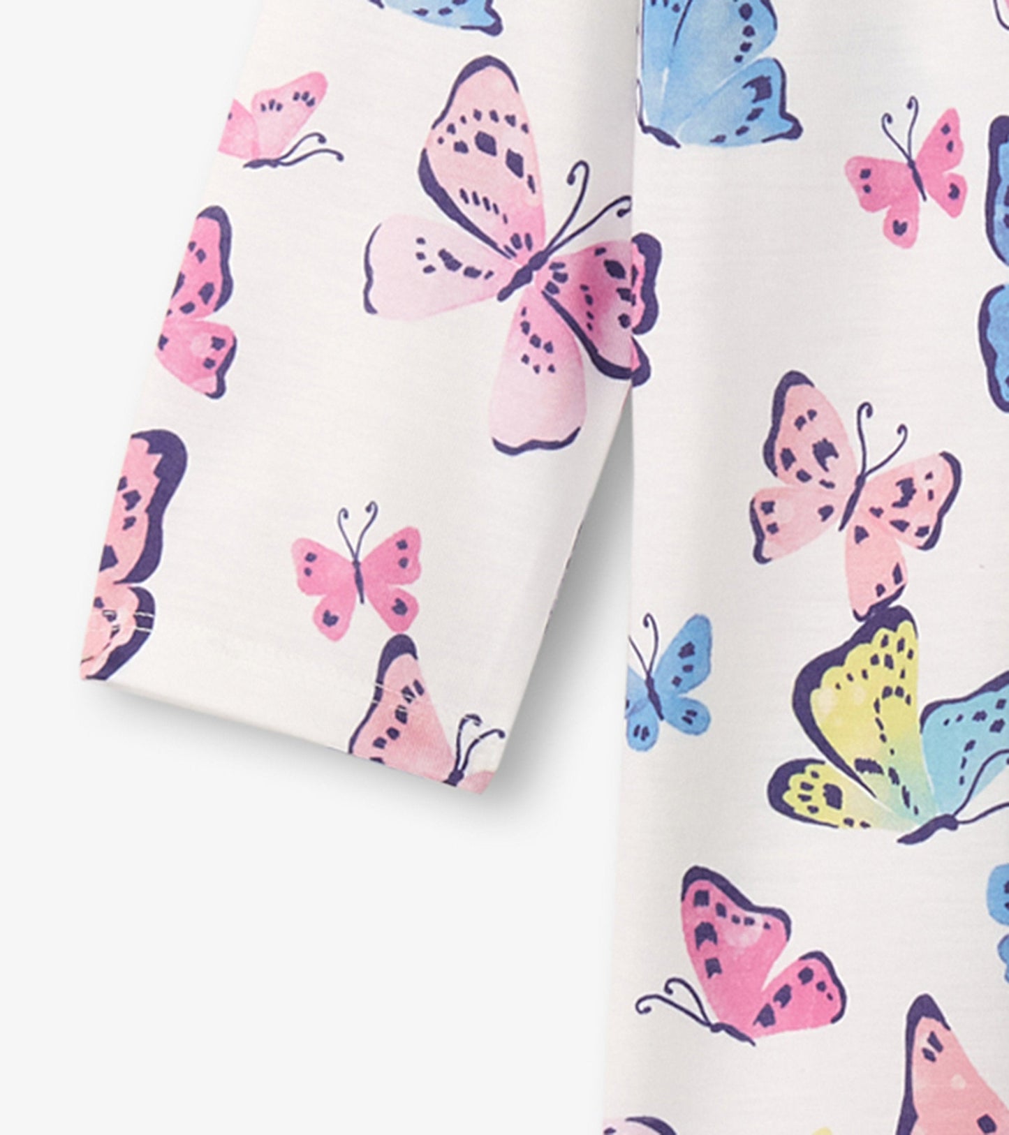 Long sleeve nightgown featuring a colorful butterfly print on a white background.