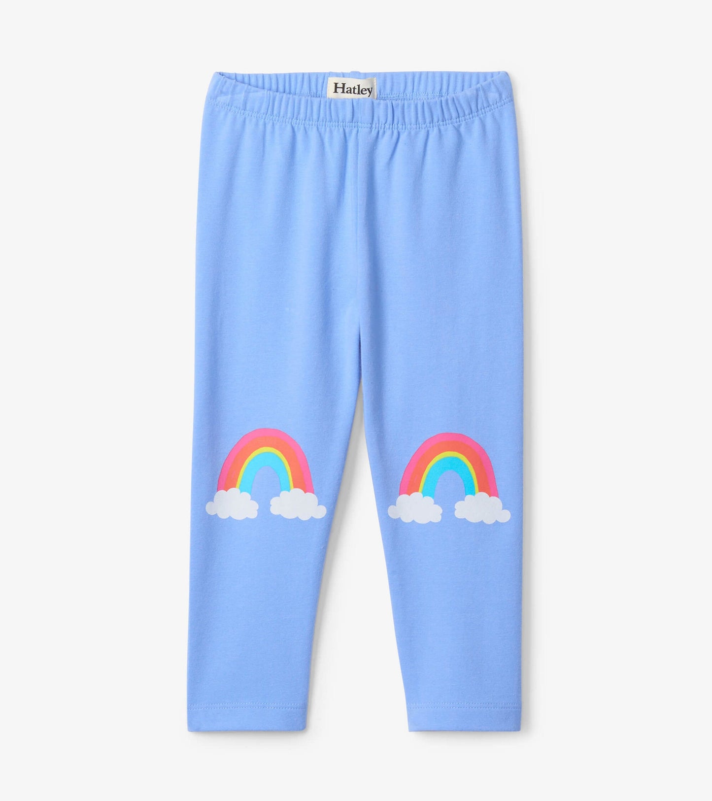 Light blue toddler leggings featuring rainbow and cloud designs on the knees. Soft, stretchy fabric for comfort.