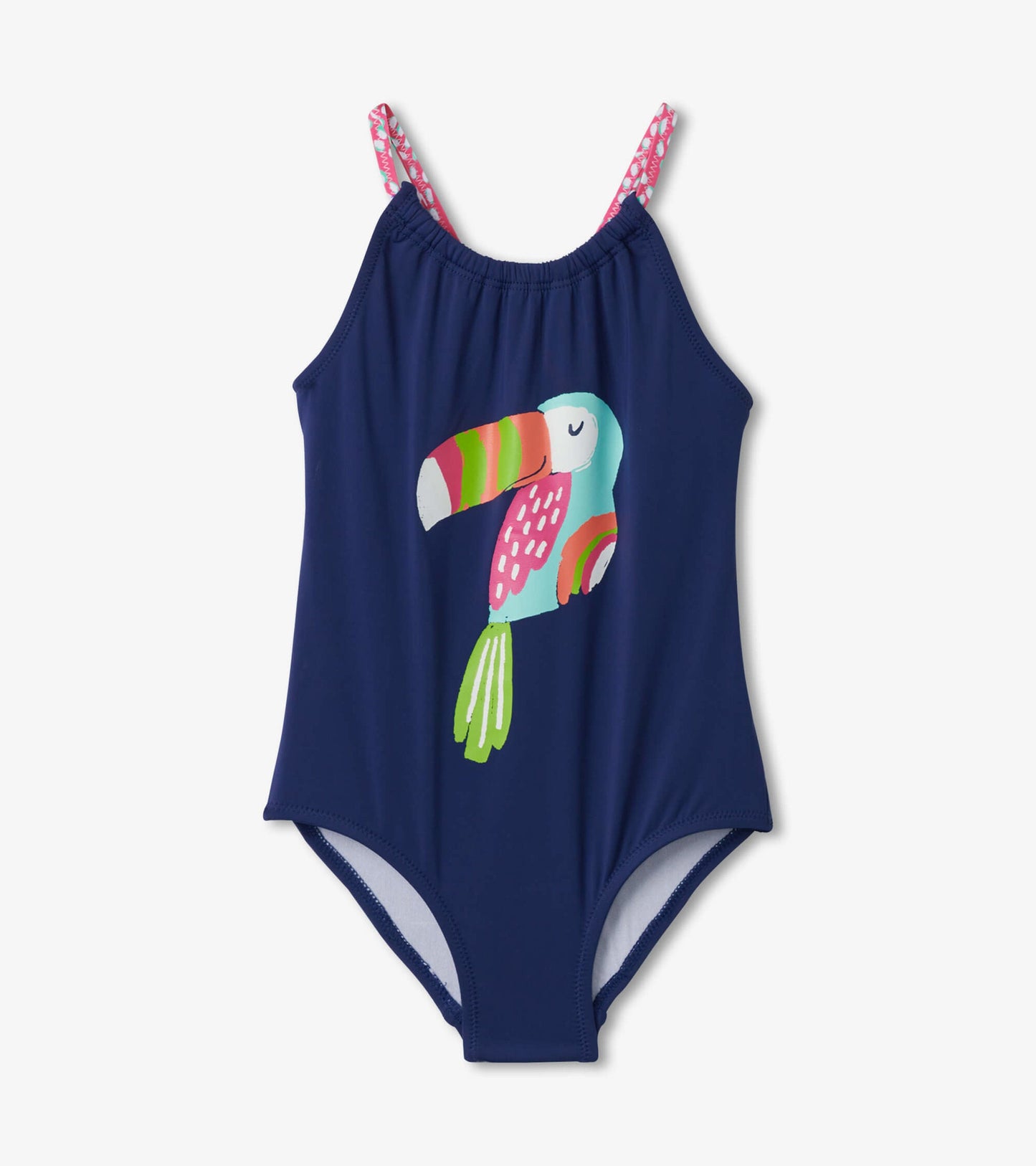Navy swimsuit featuring a colorful toucan graphic and pink patterned straps, suitable for kids.
