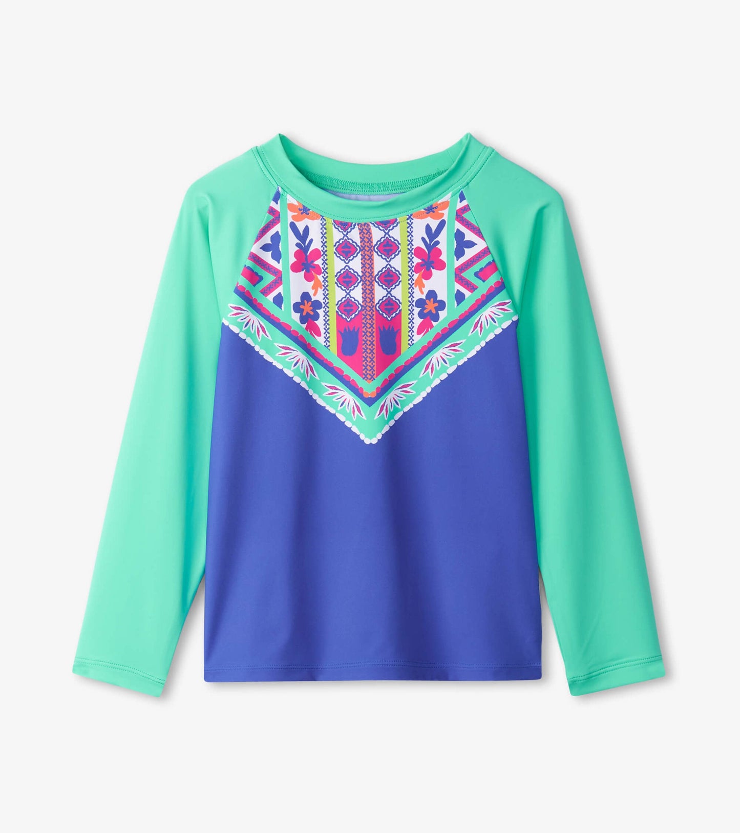 Long sleeve rashguard featuring a vibrant blue body with mint green sleeves and a colorful geometric pattern on the chest.