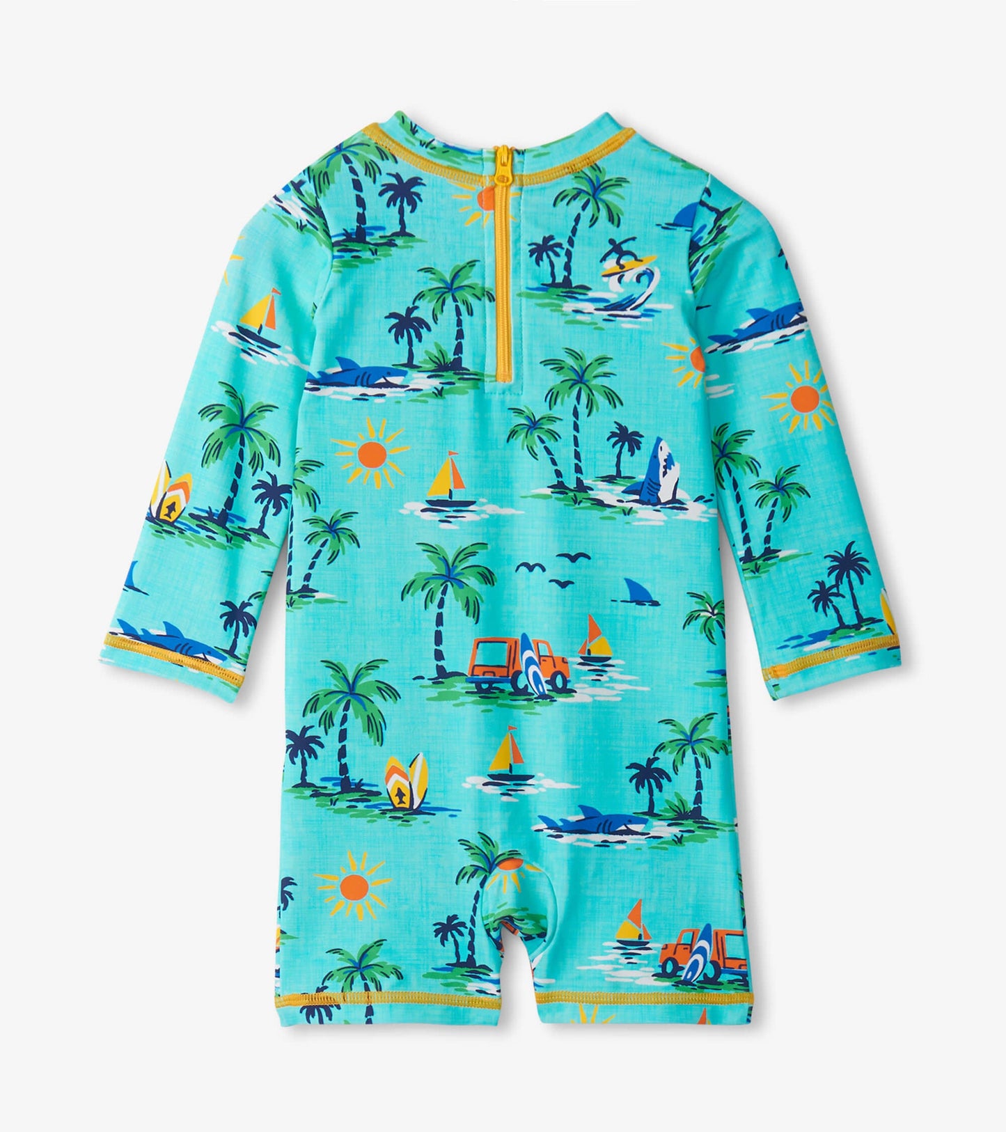 Turquoise one-piece rashguard with long sleeves, featuring a beach scene with palm trees, boats, and sun motifs.
