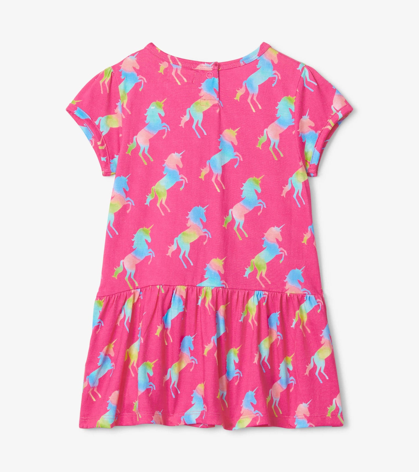 Pink gathered dress featuring a colorful unicorn pattern, short sleeves, and a ruffled hem.