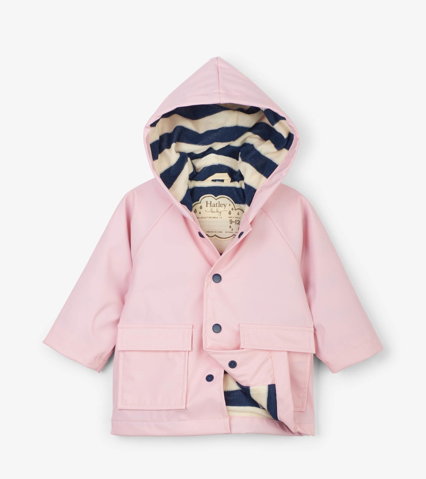 Pink baby raincoat with a hood, featuring a striped lining and front pockets. Suitable for ages 9-12 months.