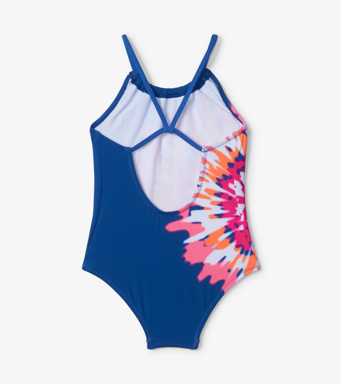 Blue tie-dye swimsuit with a gathered front and crisscross straps, featuring a colorful pattern on one side.