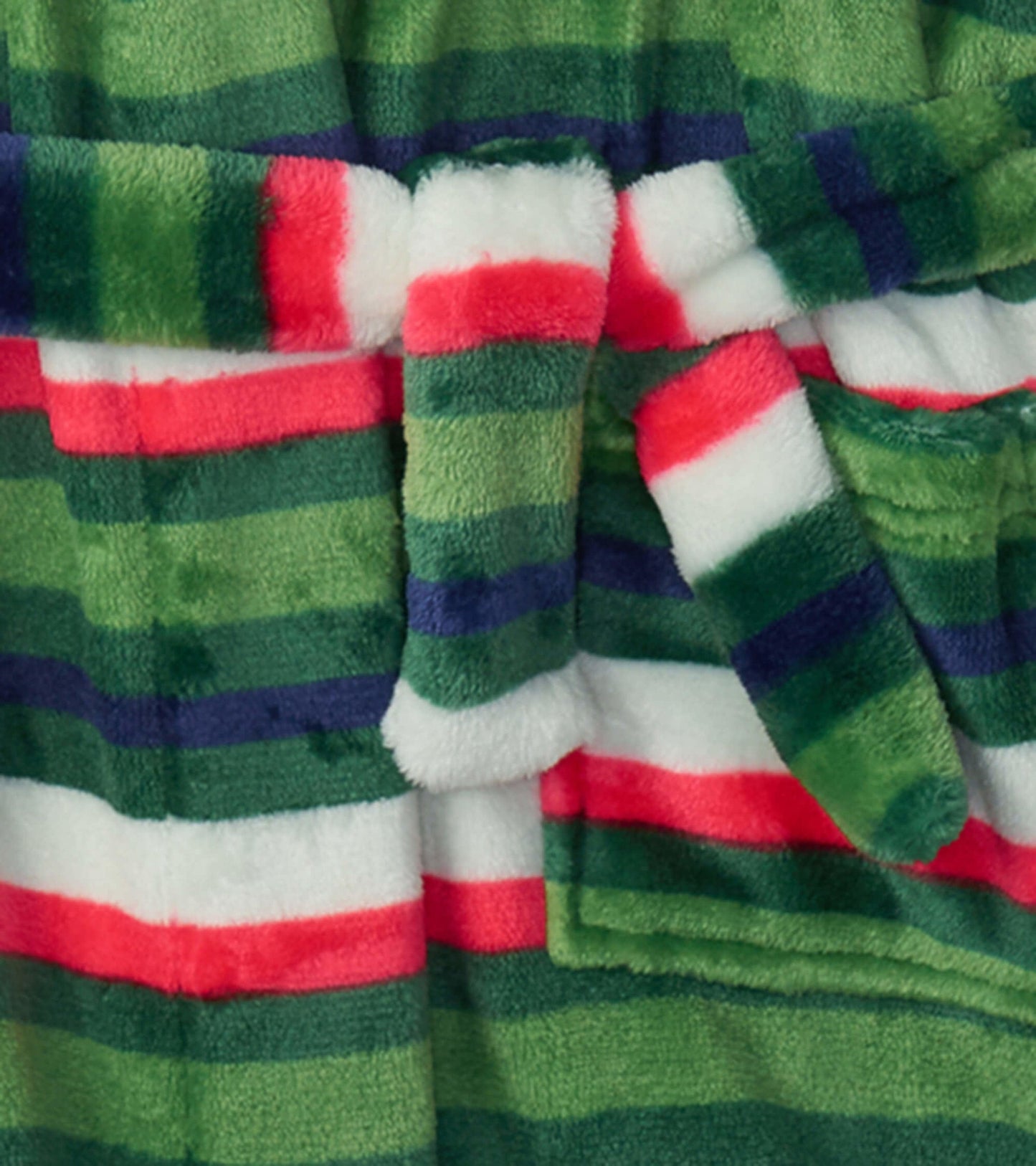 Green fleece robe featuring colorful stripes in red, white, and navy, with a tied belt and front pockets.