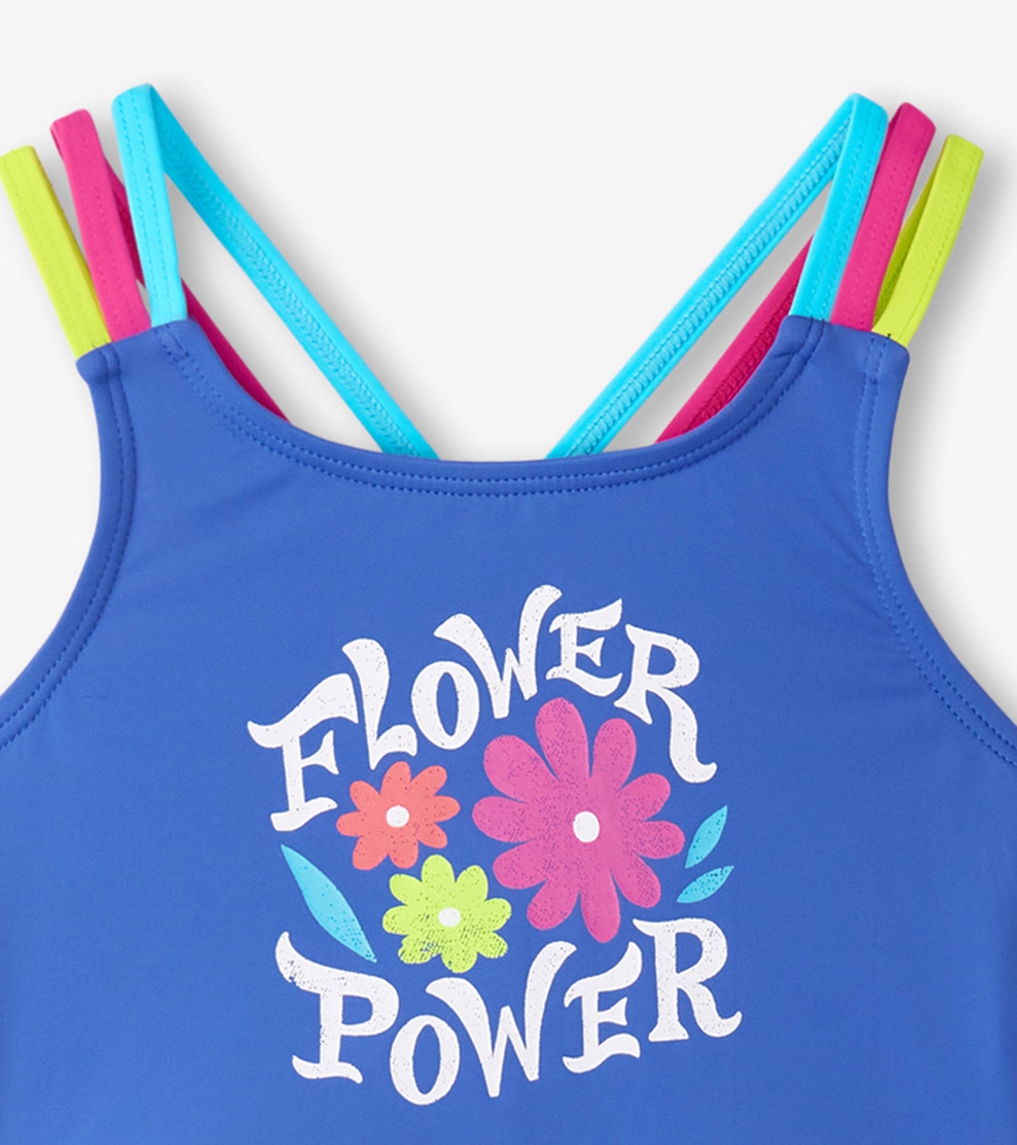 Blue crop top bikini with colorful flower graphic and multi-colored straps. Ideal for girls' summer wear.