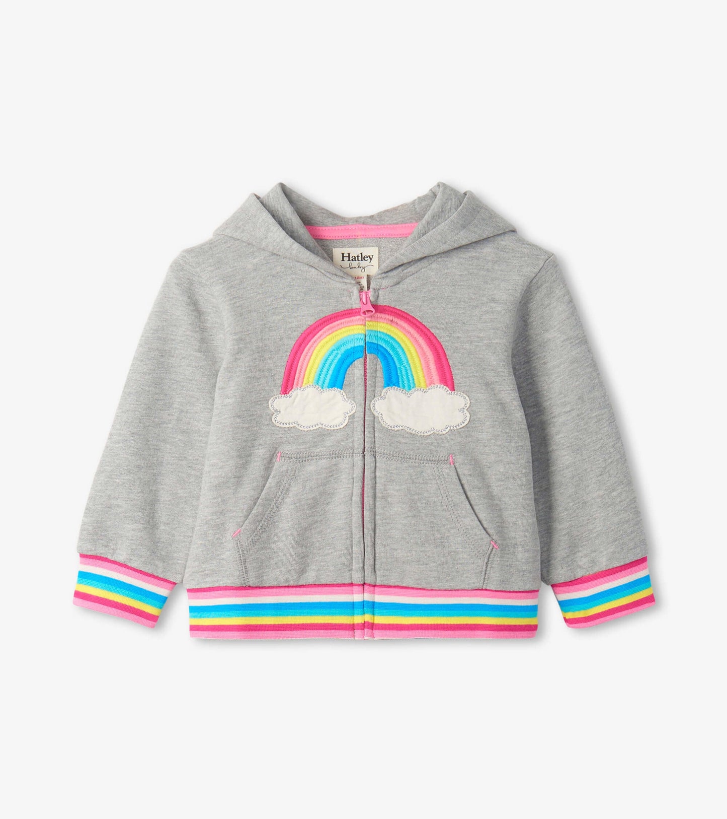 Gray full zip hoodie featuring a rainbow and clouds design, with colorful striped cuffs and hem. Suitable for babies.