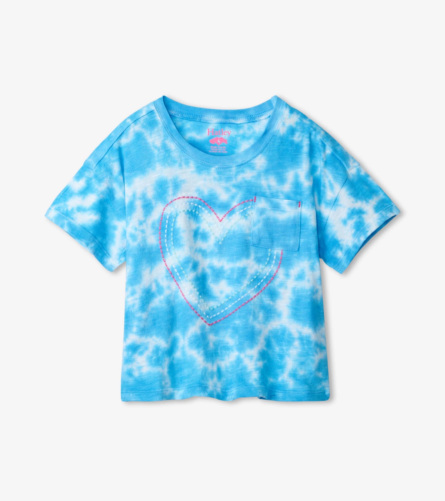 Blue tie-dye short-sleeve tee with a front pocket and heart design in pink stitching.