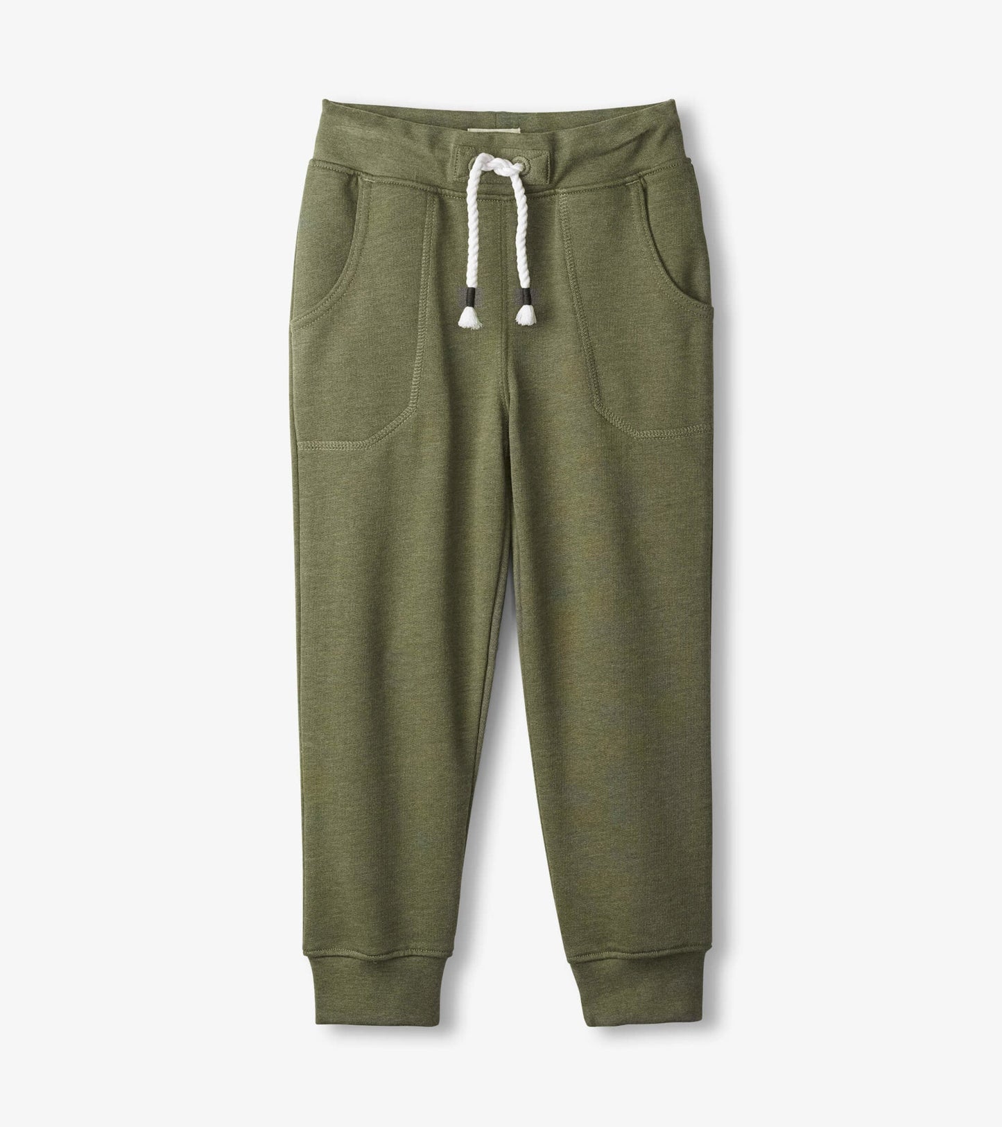 Green melange slim fit joggers with elastic waistband, drawstring, and side pockets. Ideal for casual wear.