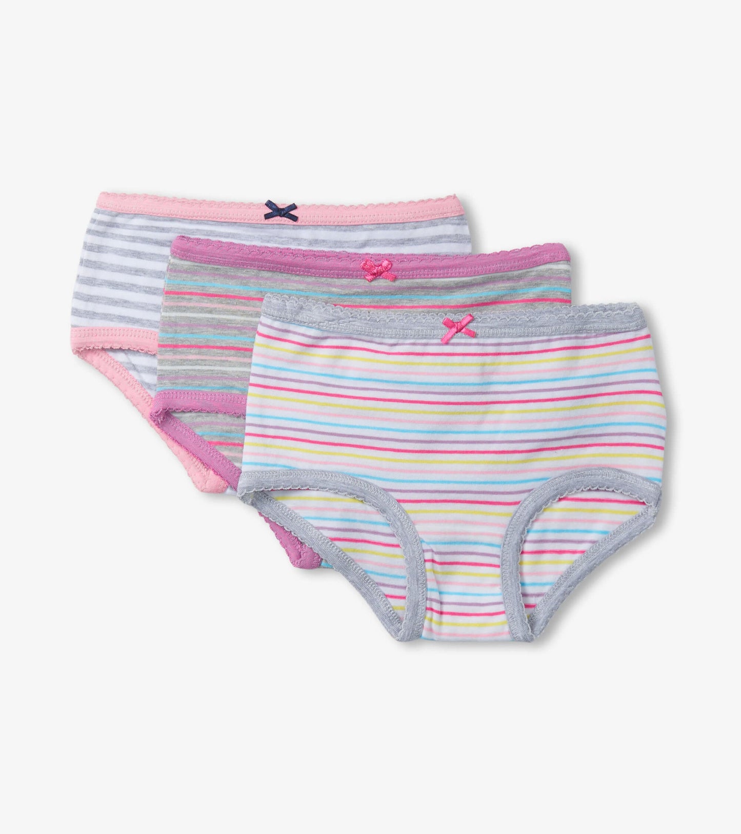 Three pairs of hipster underwear featuring vibrant stripes and pastel colors with decorative bows on the waistband.