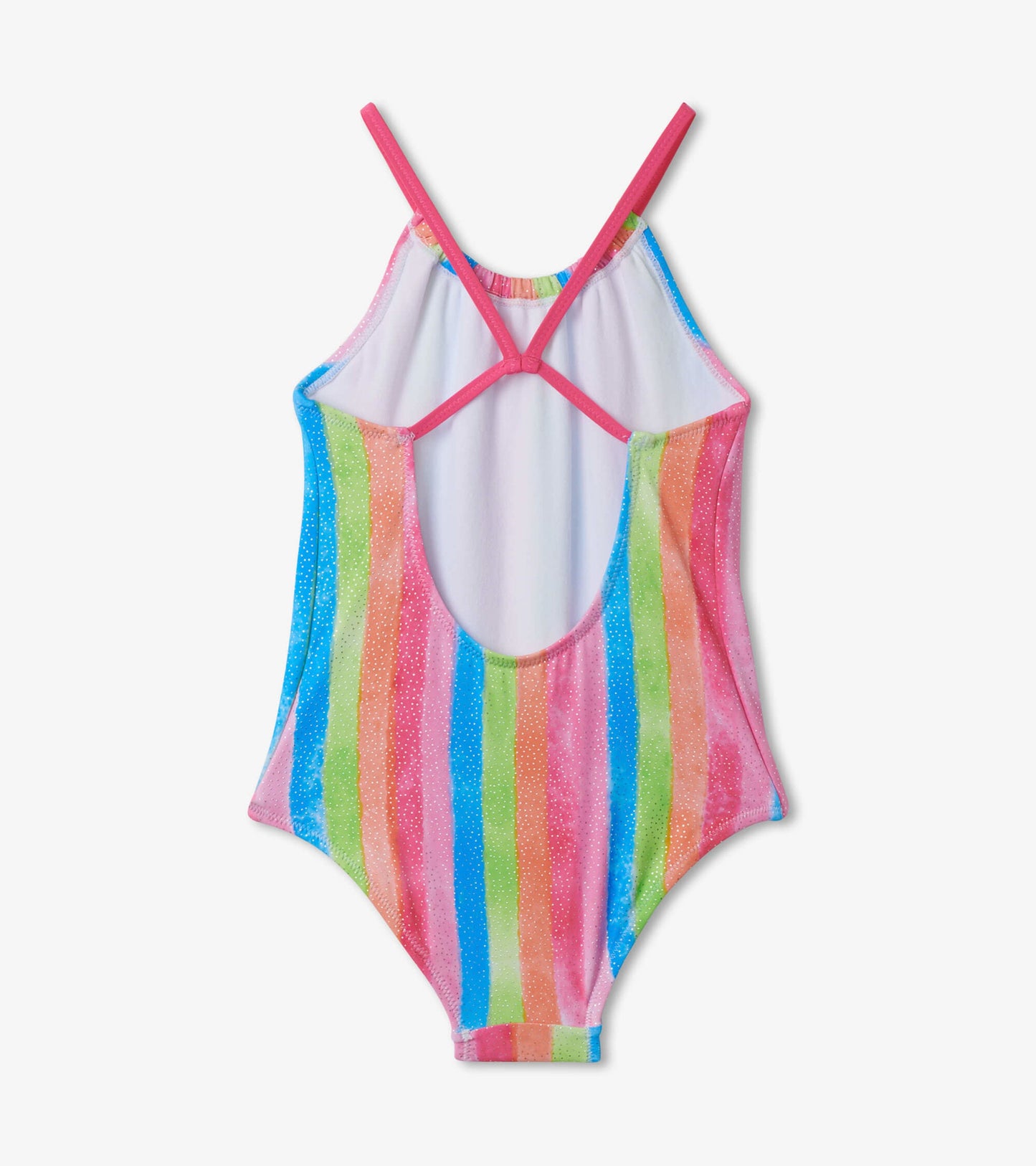 Colorful rainbow striped swimsuit with a scoop back and pink straps, designed for kids.