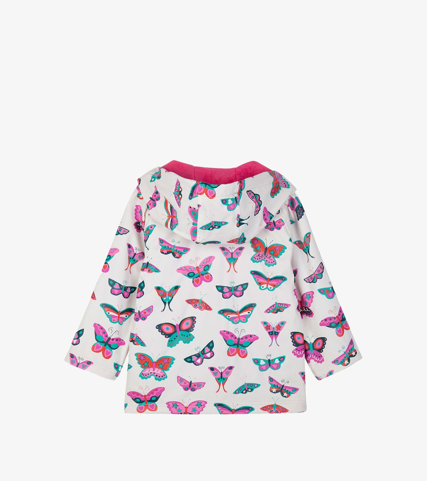 White raincoat featuring a colorful butterfly pattern and a pink hood, designed for kids.