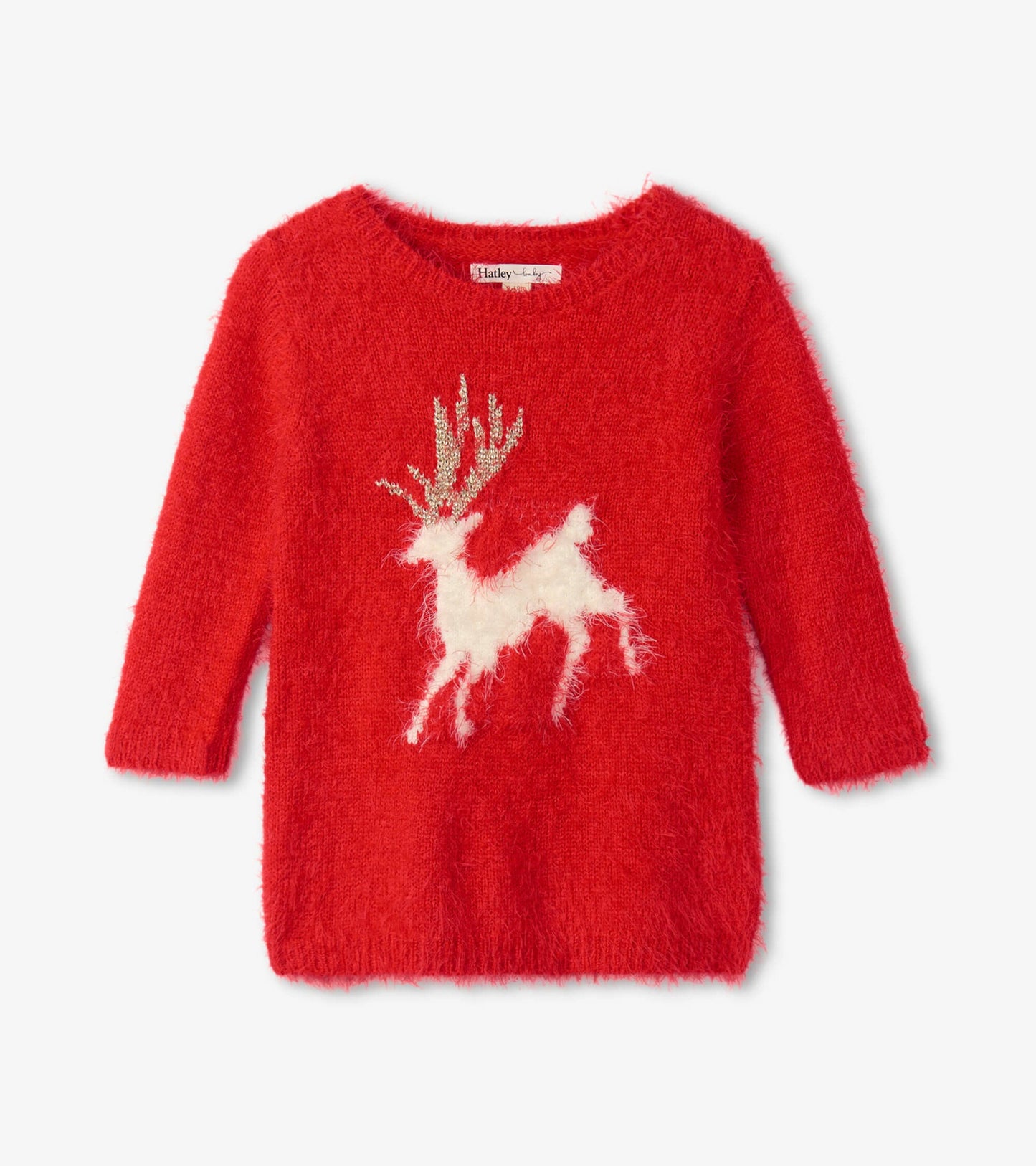 Red fuzzy sweater dress featuring a white reindeer design with antlers, perfect for festive occasions.
