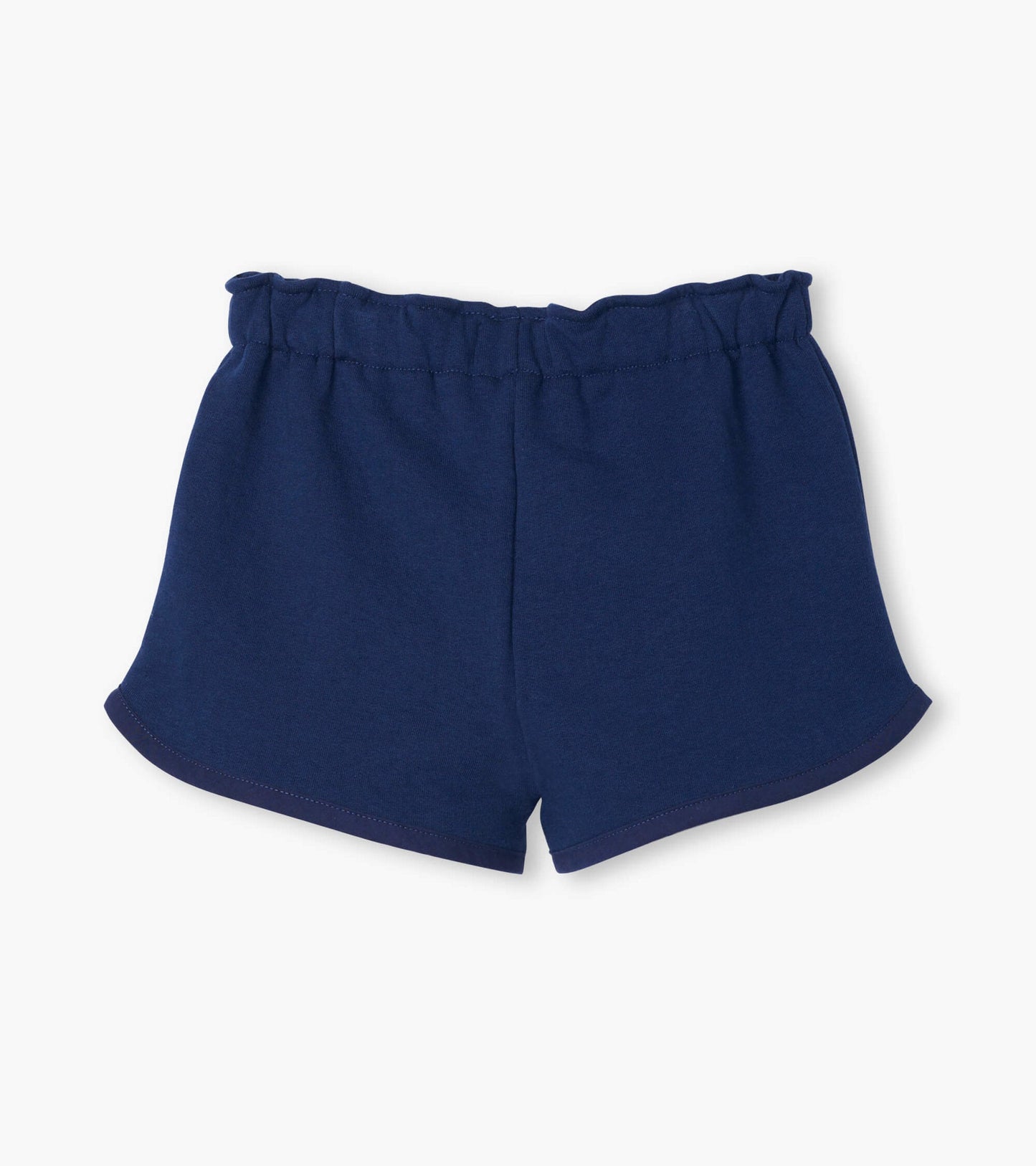 Blue paper bag shorts with an elastic waistband and a relaxed fit, featuring a smooth fabric and curved hem.