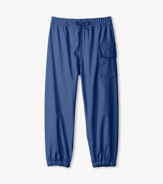 Classic navy rain pants for kids with elastic waistband and side pocket, made from water-resistant material.