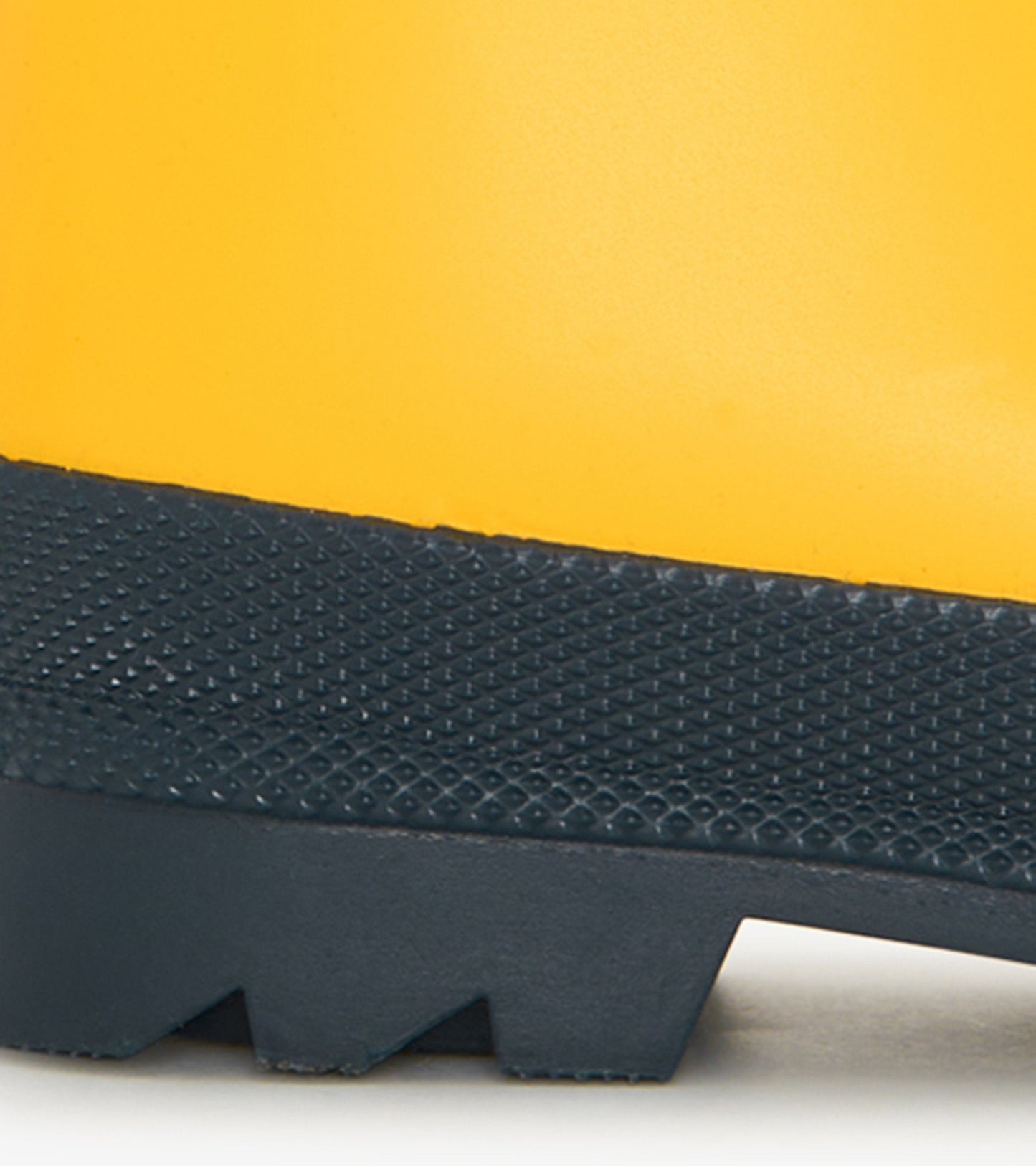 Yellow and navy matte wellies with a textured sole, designed for kids, suitable for wet weather use.