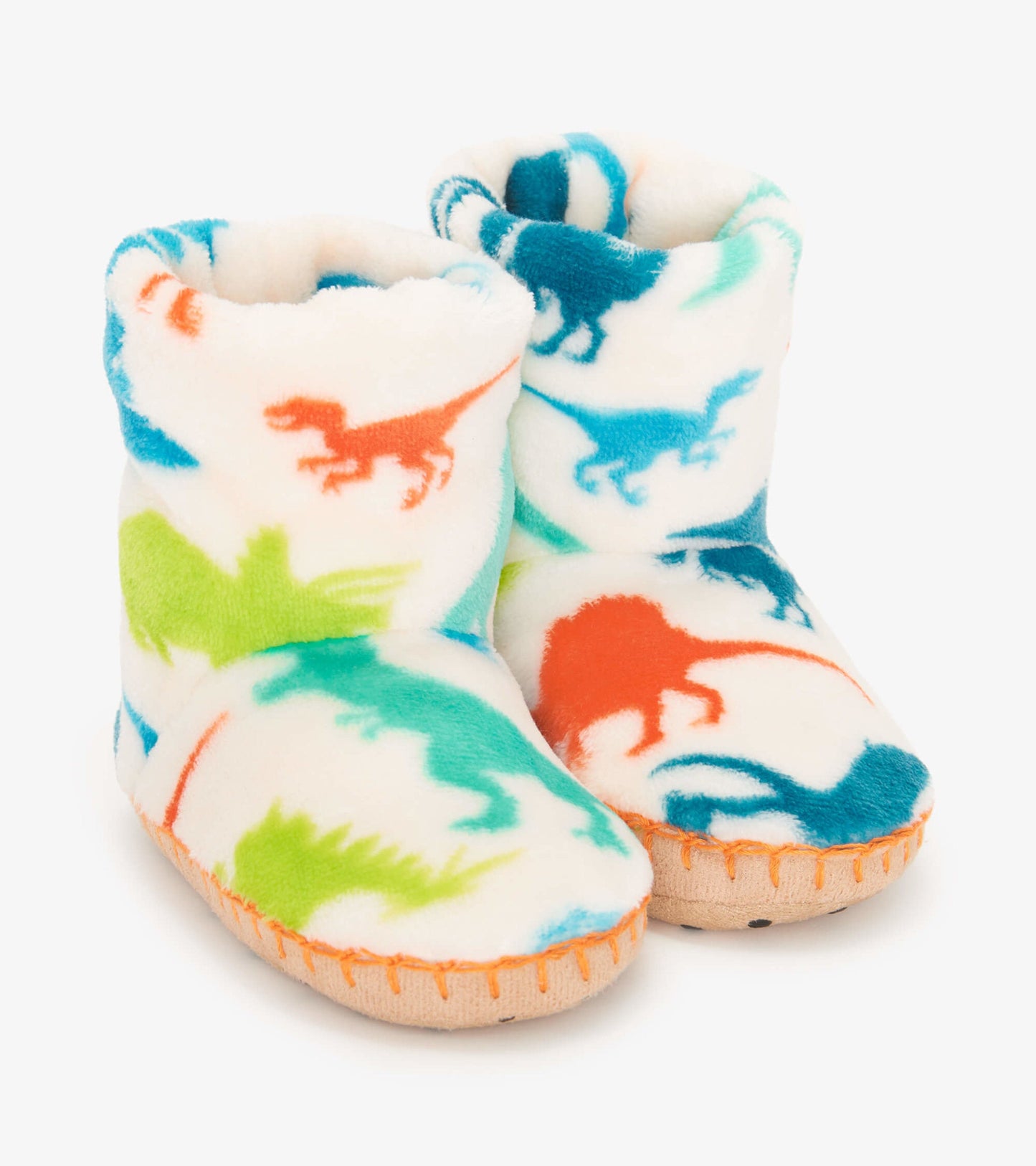 Fleece slippers featuring colorful dinosaur patterns, with a soft lining and a cozy, flexible design for kids.