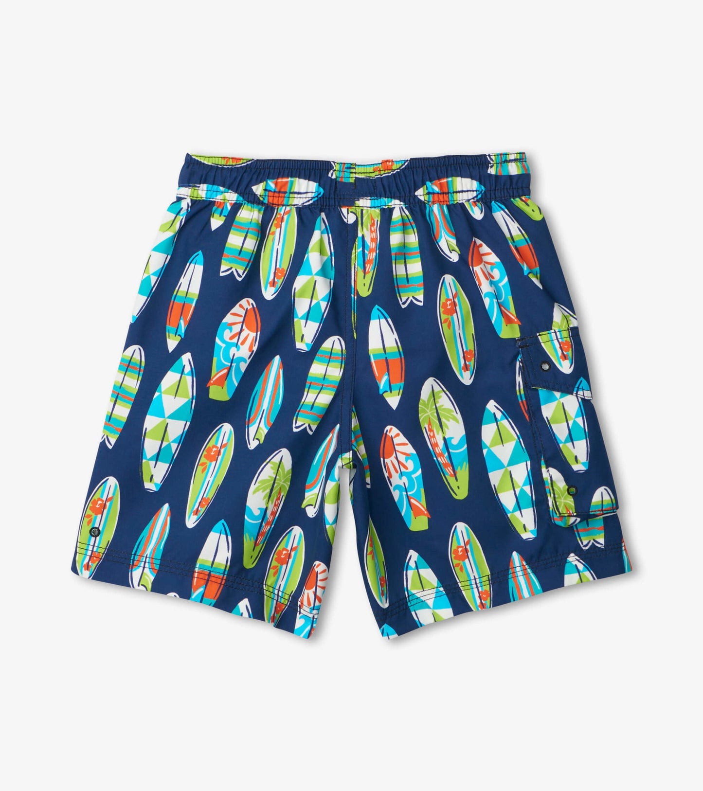 Navy board shorts featuring colorful surfboard patterns, ideal for kids, with an elastic waistband and side pocket.