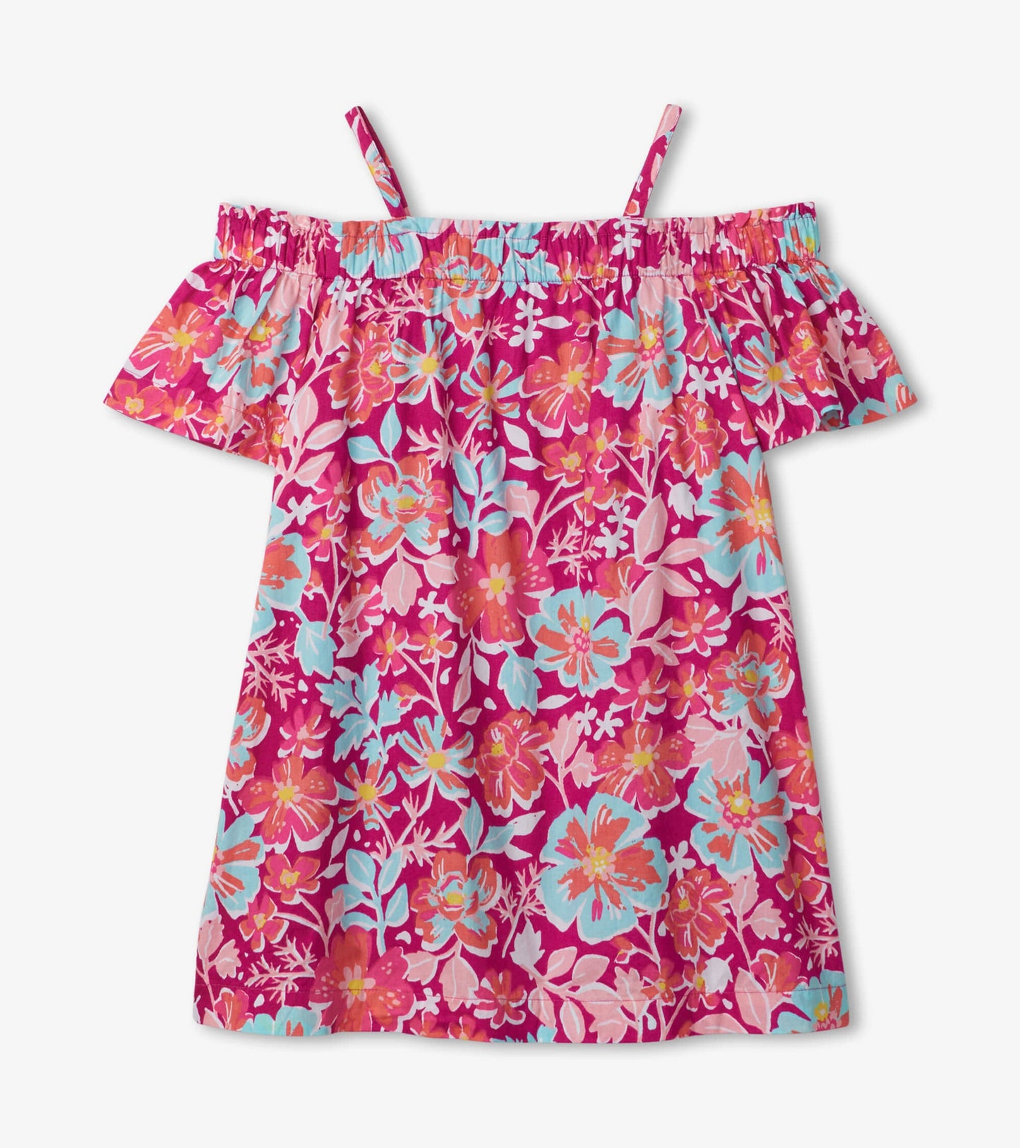 Off-shoulder dress featuring a vibrant pink floral pattern with blue and orange accents, ideal for summer wear.