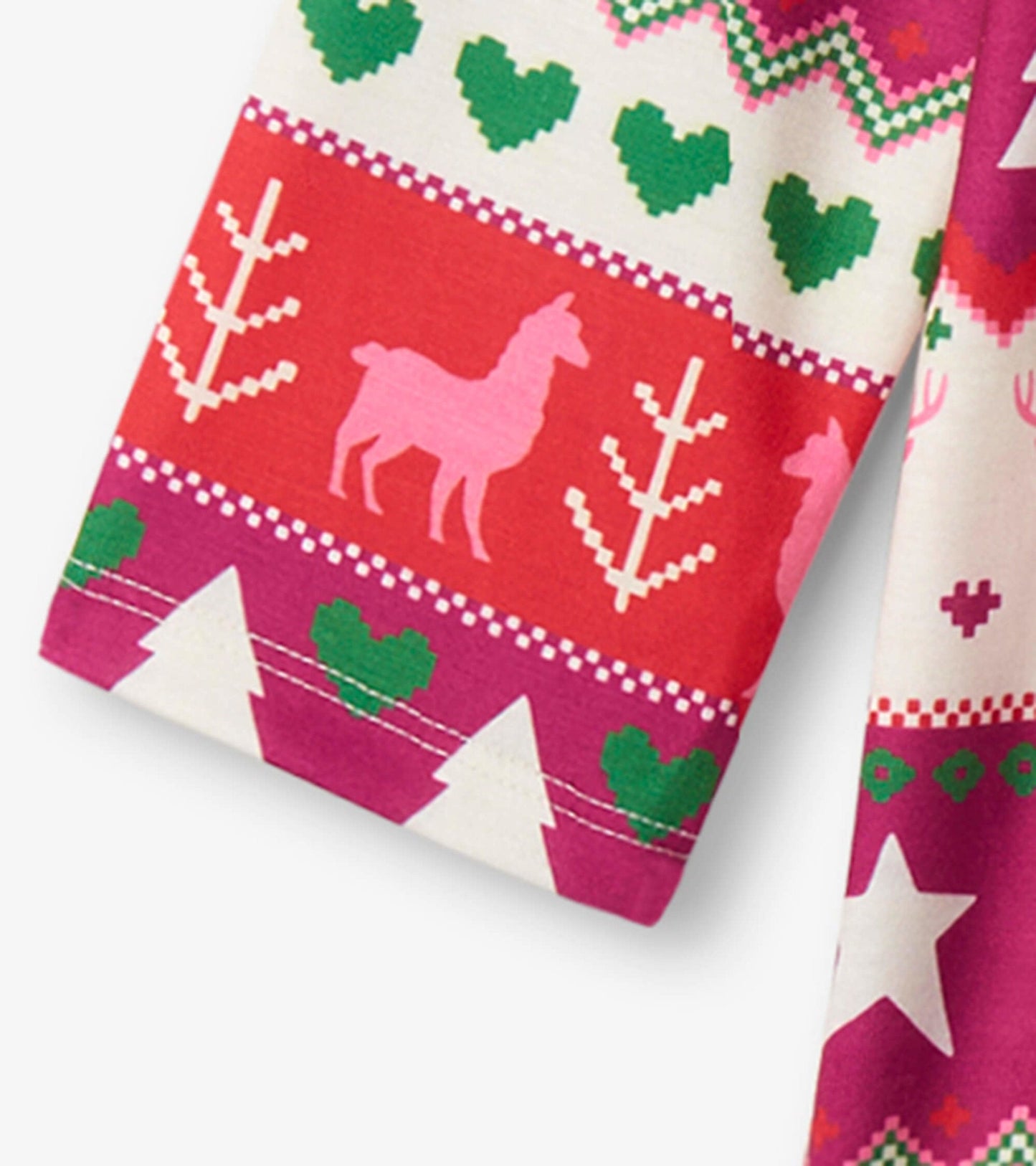 Colorful long sleeve nightgown featuring a Fair Isle pattern with hearts, trees, and llamas in pink, red, and green.