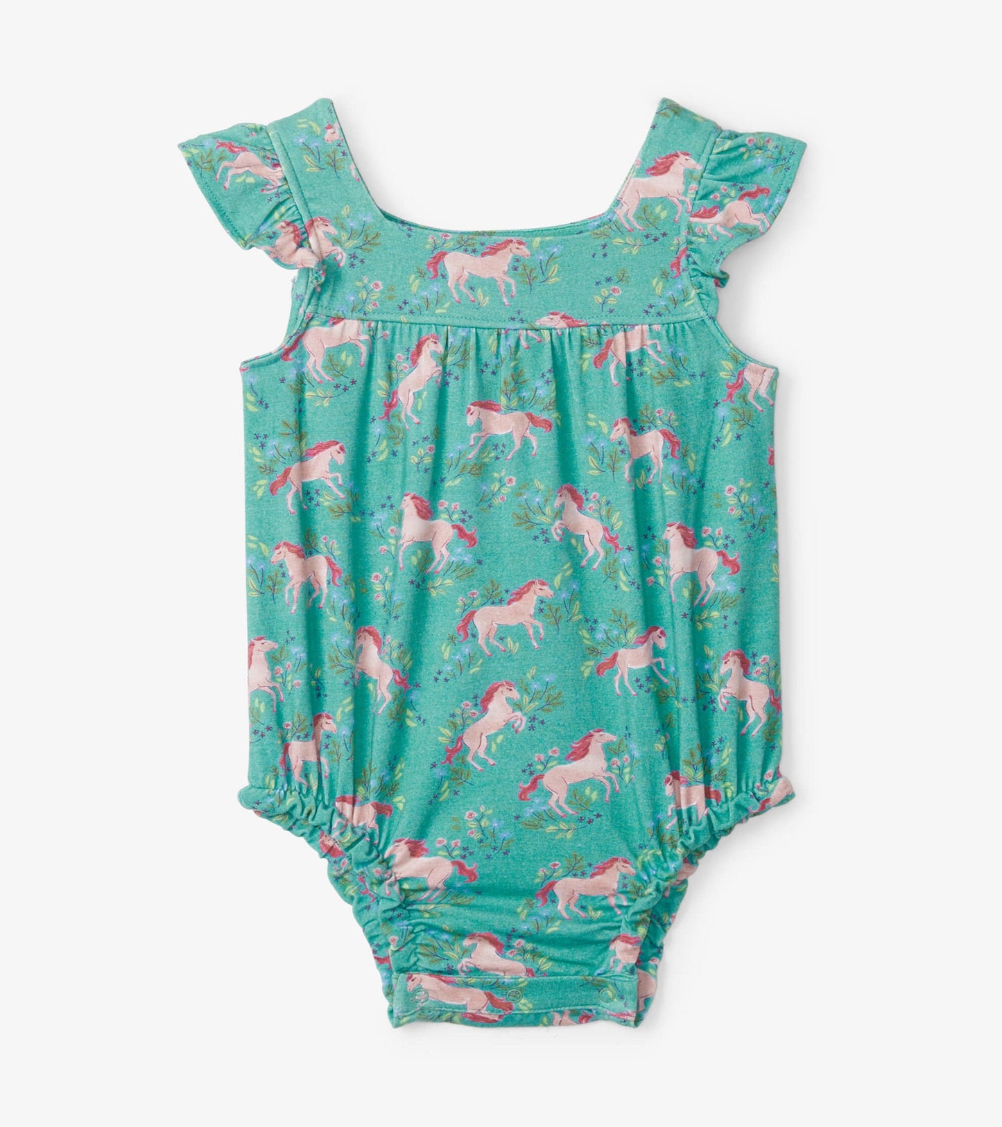 Turquoise baby bubble one-piece with ruffled sleeves and a playful unicorn print, perfect for warm weather.