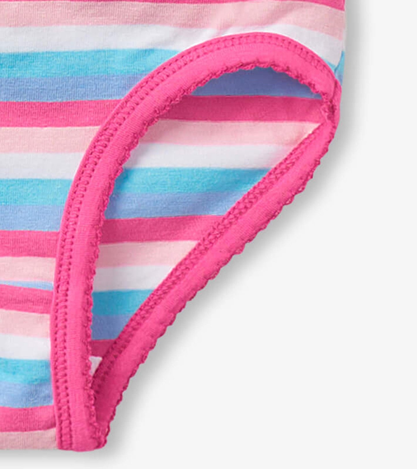 Colorful striped girls' brief underwear featuring pink, blue, and white stripes with a soft elastic waistband.