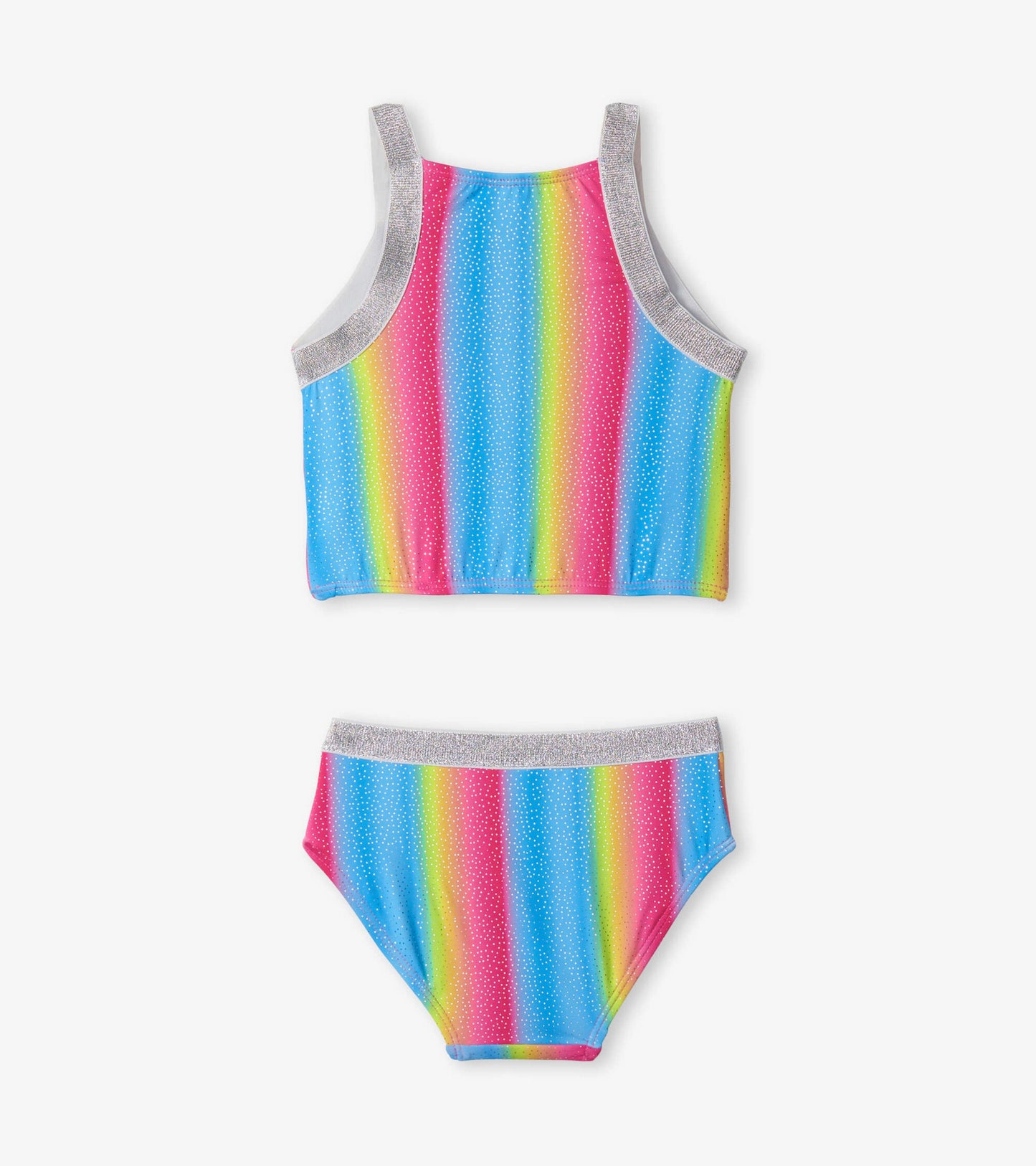 Colorful tankini set featuring a rainbow striped pattern in pink, blue, and yellow with a silver trim.
