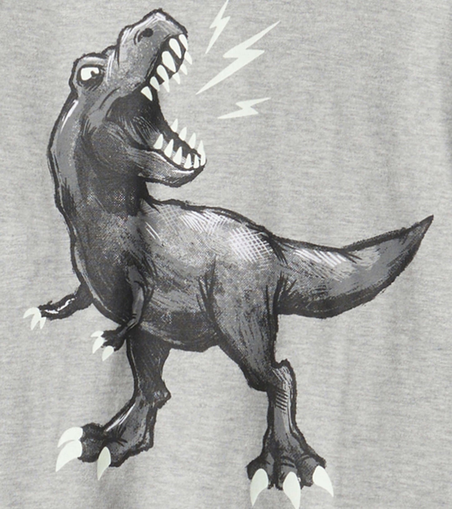 Gray long sleeve hoodie tee featuring a roaring dinosaur graphic with lightning bolts. Suitable for boys.