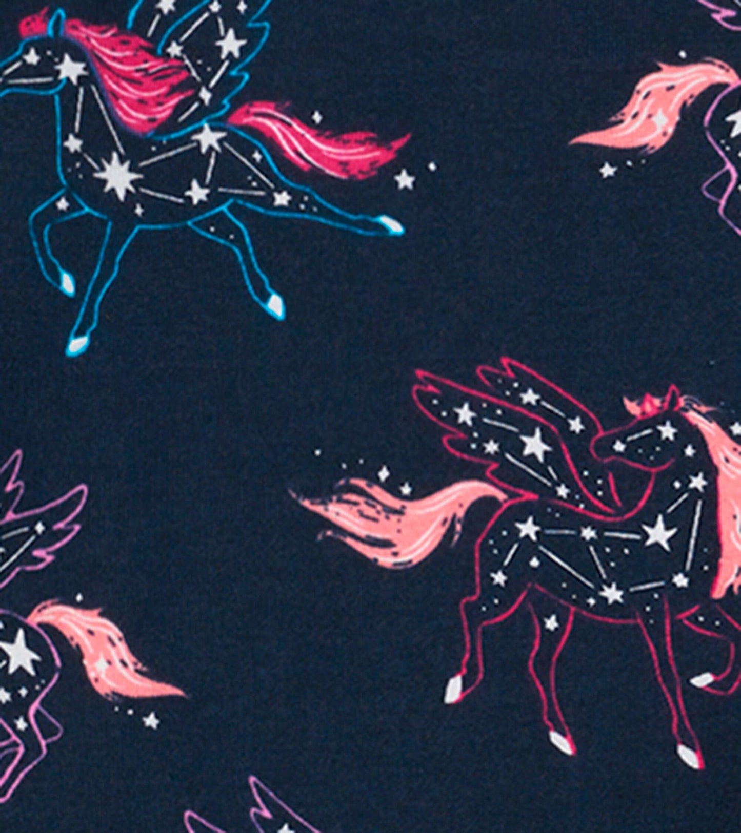 Navy organic cotton pyjama set featuring colorful unicorn constellations and stars in a playful pattern.
