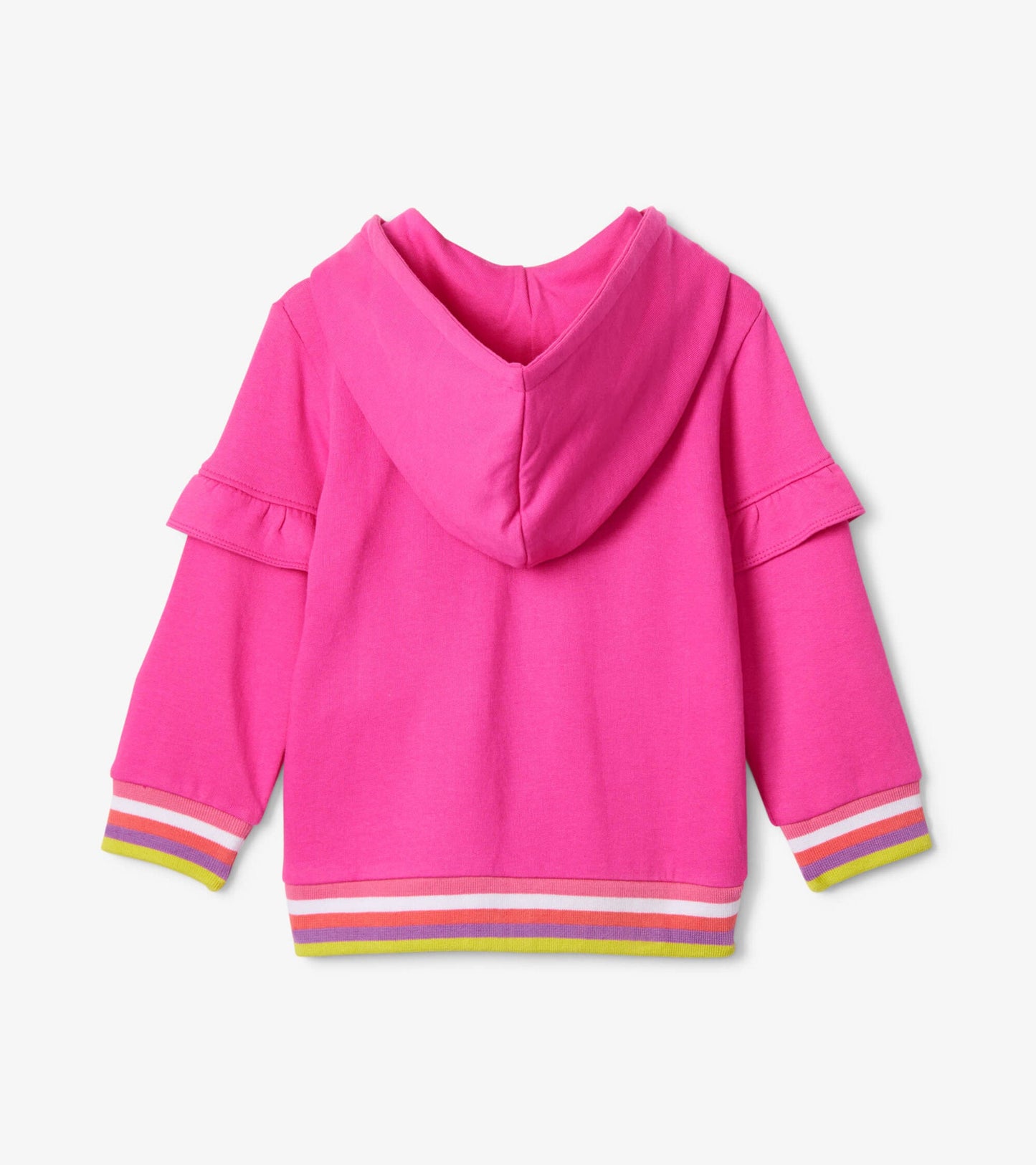 Pink hoodie with flutter sleeves and colorful striped hem, featuring a hood for added warmth.