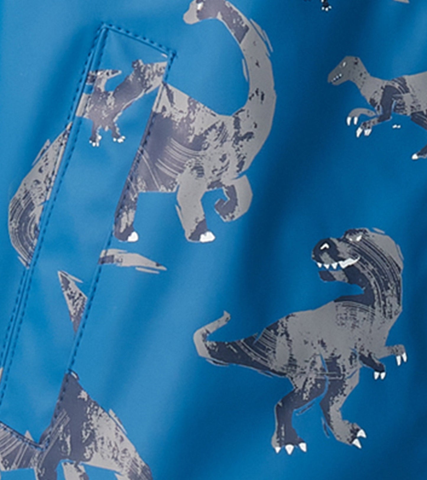 Blue zip-up raincoat featuring gray dinosaur prints, ideal for kids.