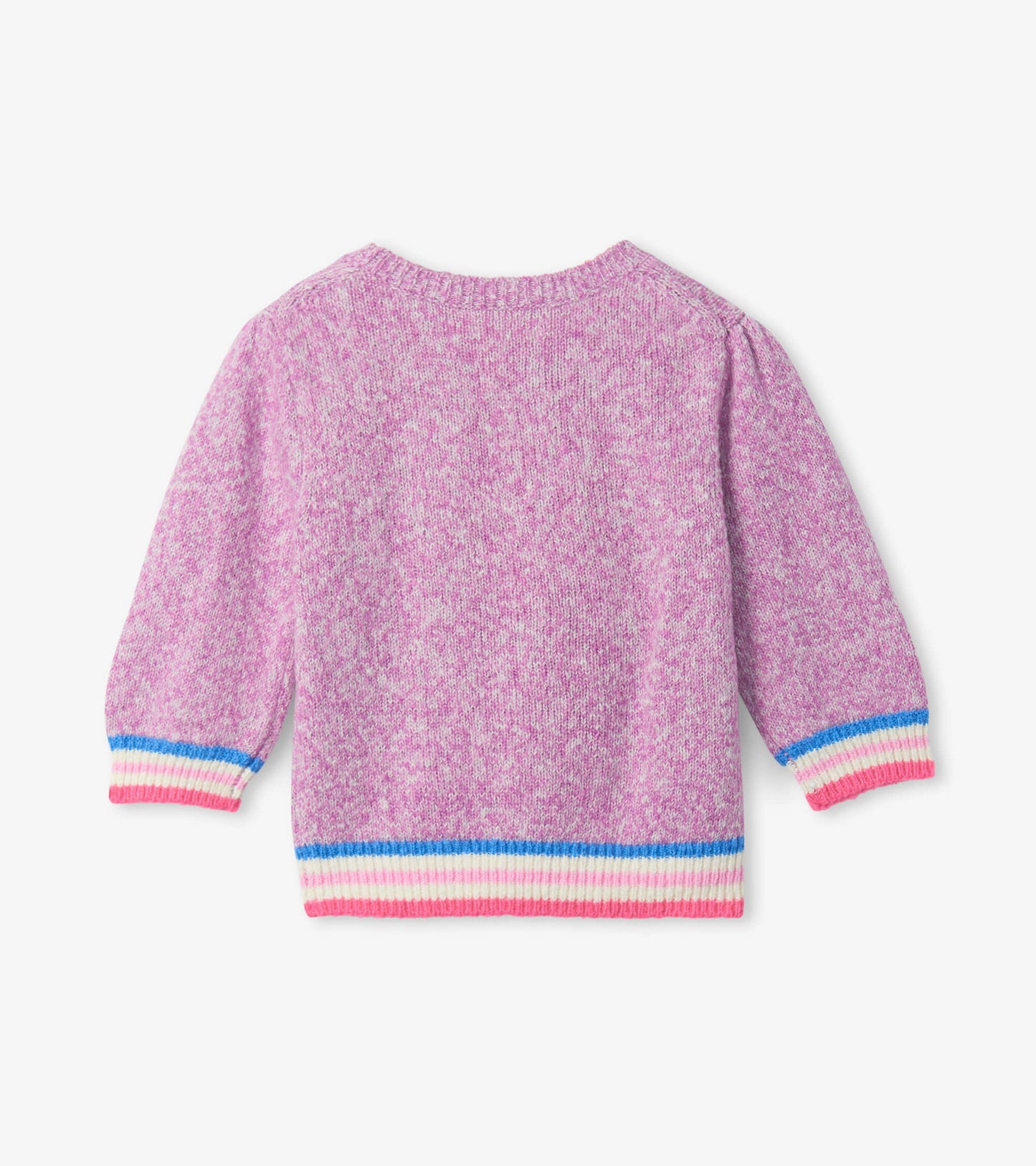 Pink knitted baby sweater with puffed sleeves and colorful striped hem. Back view shows soft, cozy texture.