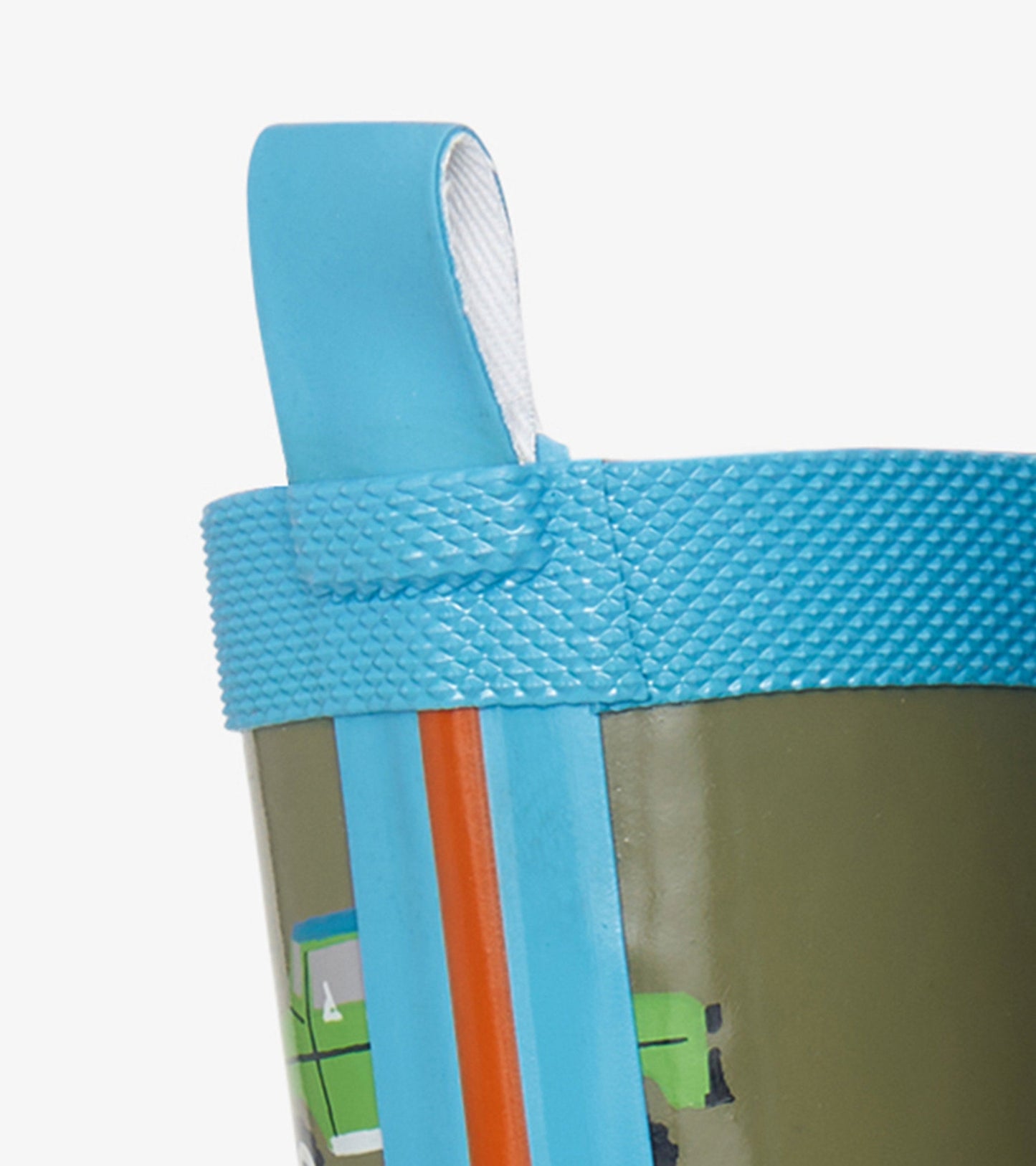 Green wellies with blue accents and vehicle graphics, featuring a textured grip and pull tab for easy wear.