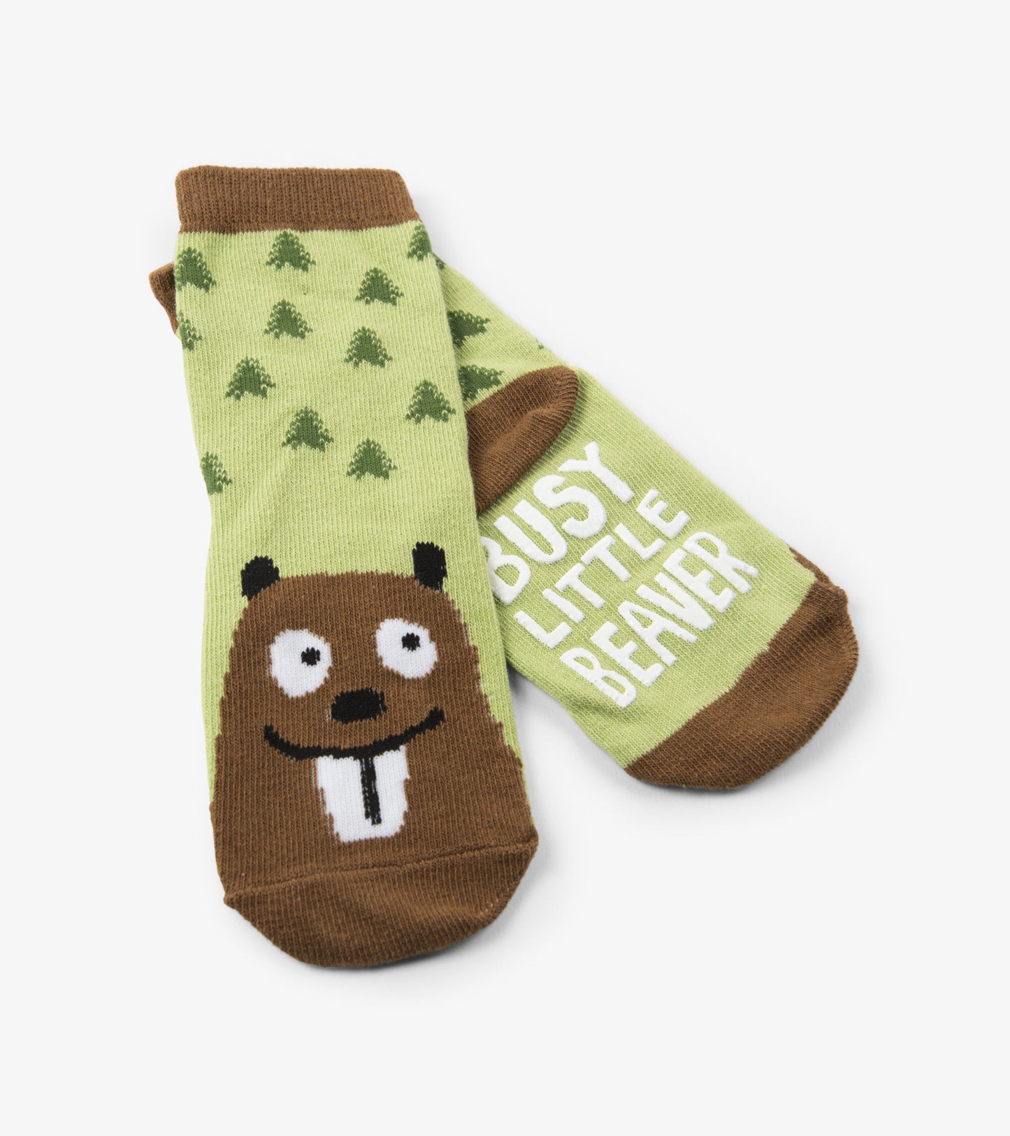 Green socks featuring a beaver graphic and tree pattern, suitable for kids ages 2-7.