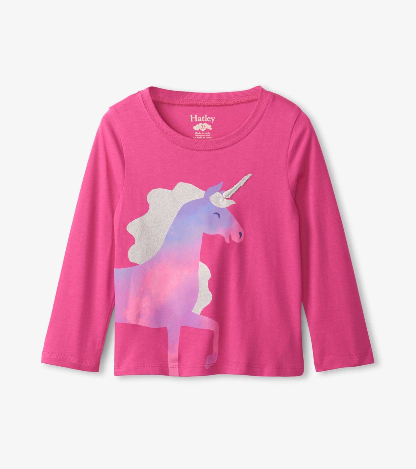 Pink long sleeve t-shirt featuring a colorful unicorn graphic on the front. Soft cotton material suitable for kids.
