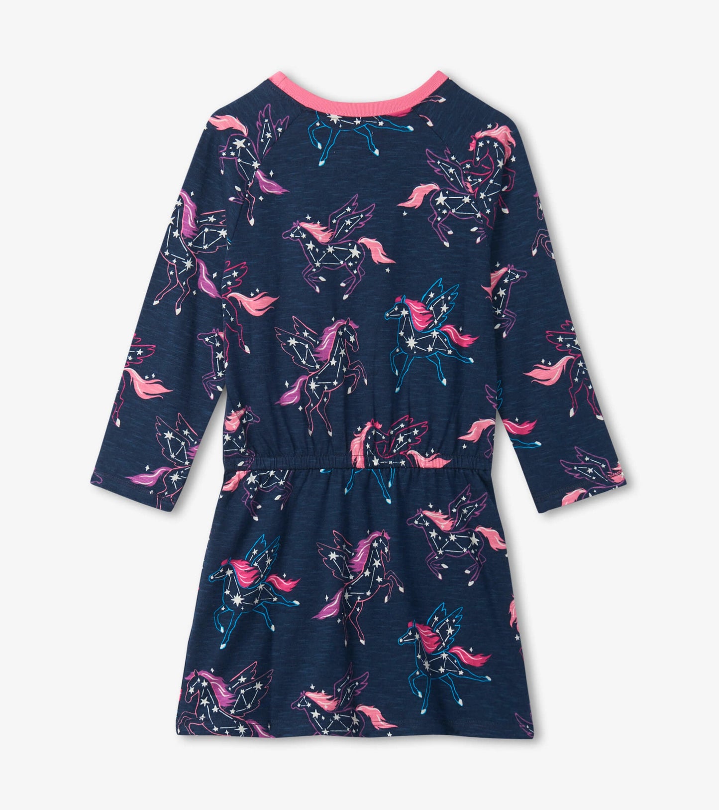 Navy drop waist dress featuring colorful unicorn constellations and long sleeves, with a pink neckline trim.