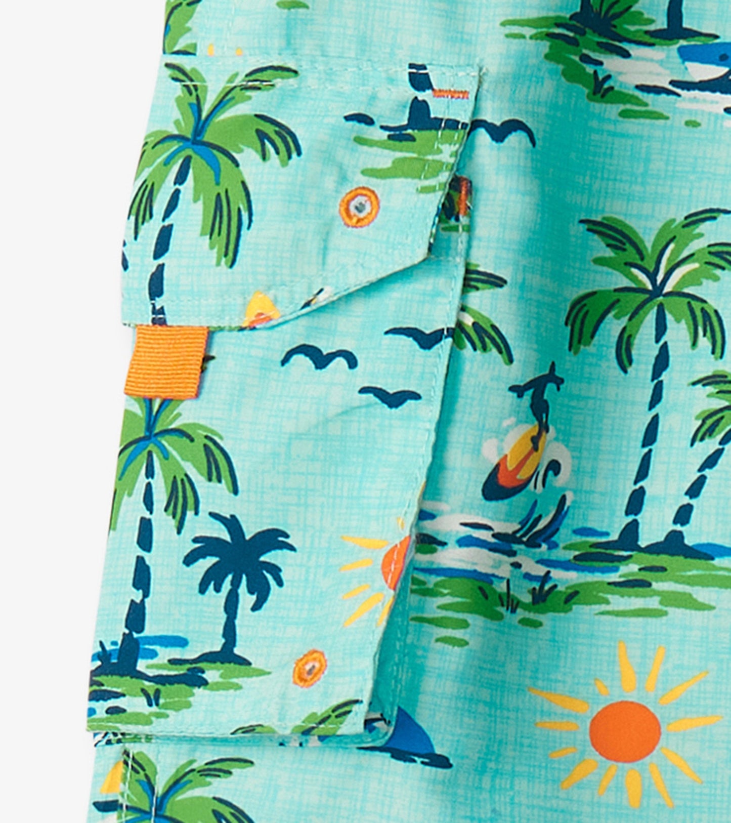 Turquoise board shorts featuring a tropical palm tree and sun pattern, ideal for summer activities.